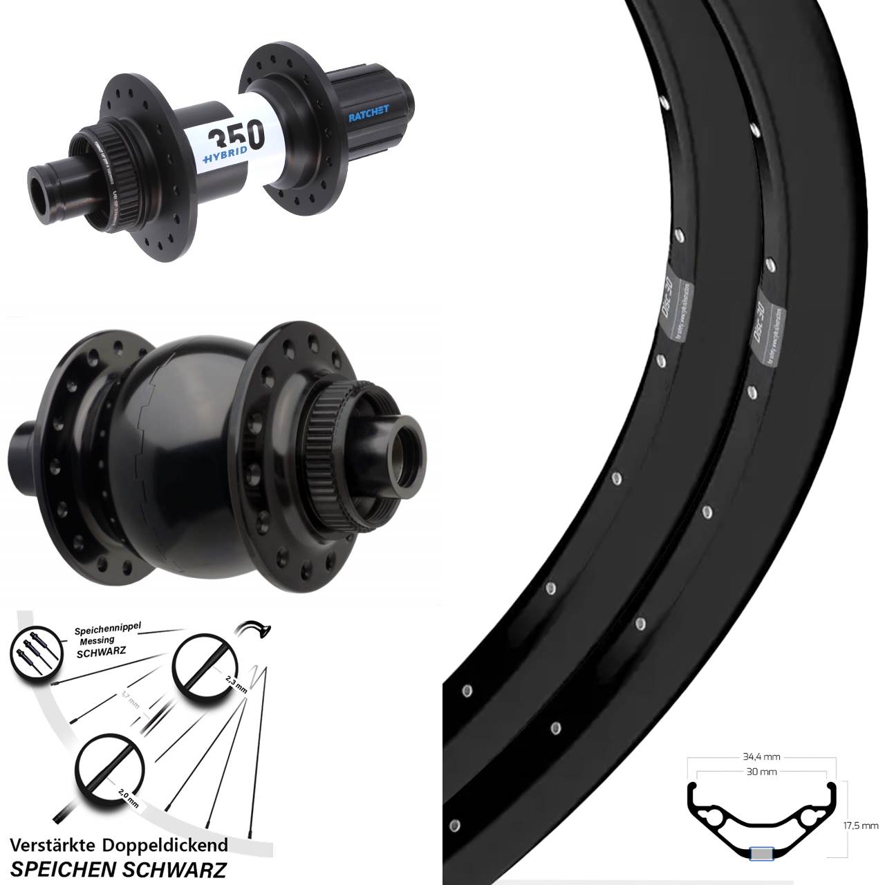 29 Zoll Ryde Disc 30 DT Swiss Hybrid 350 SON 28 Laufrad-Satz 15x110 12x148 8-11 fach