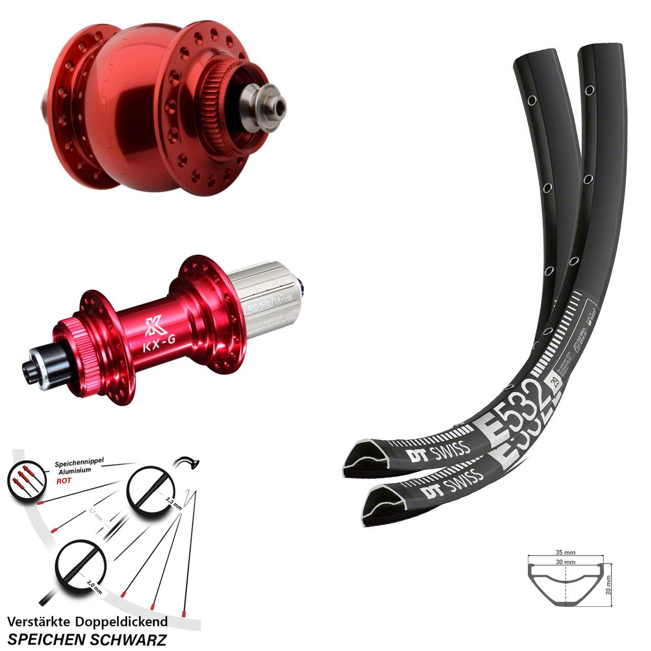 Disc Laufradsatz 29 Zoll DT Swiss E 532 KX-G rot SON 28 8-12 fach HG für Schnellspanner