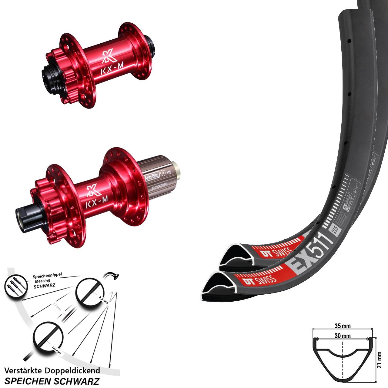 Laufradsatz 6-Loch 29 Zoll DT Swiss EX511 KX-M rot 8-12 fach 15x100 12x142
