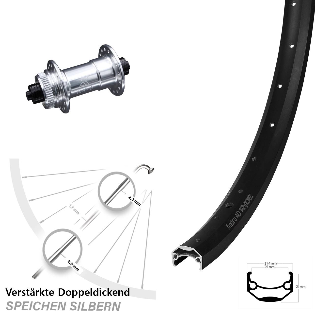 Ryde Andra 40 Disc Vorderrad E-Bike 28-29 Zoll KX-E Nabe silbern-eloxiert 5x100 mm
