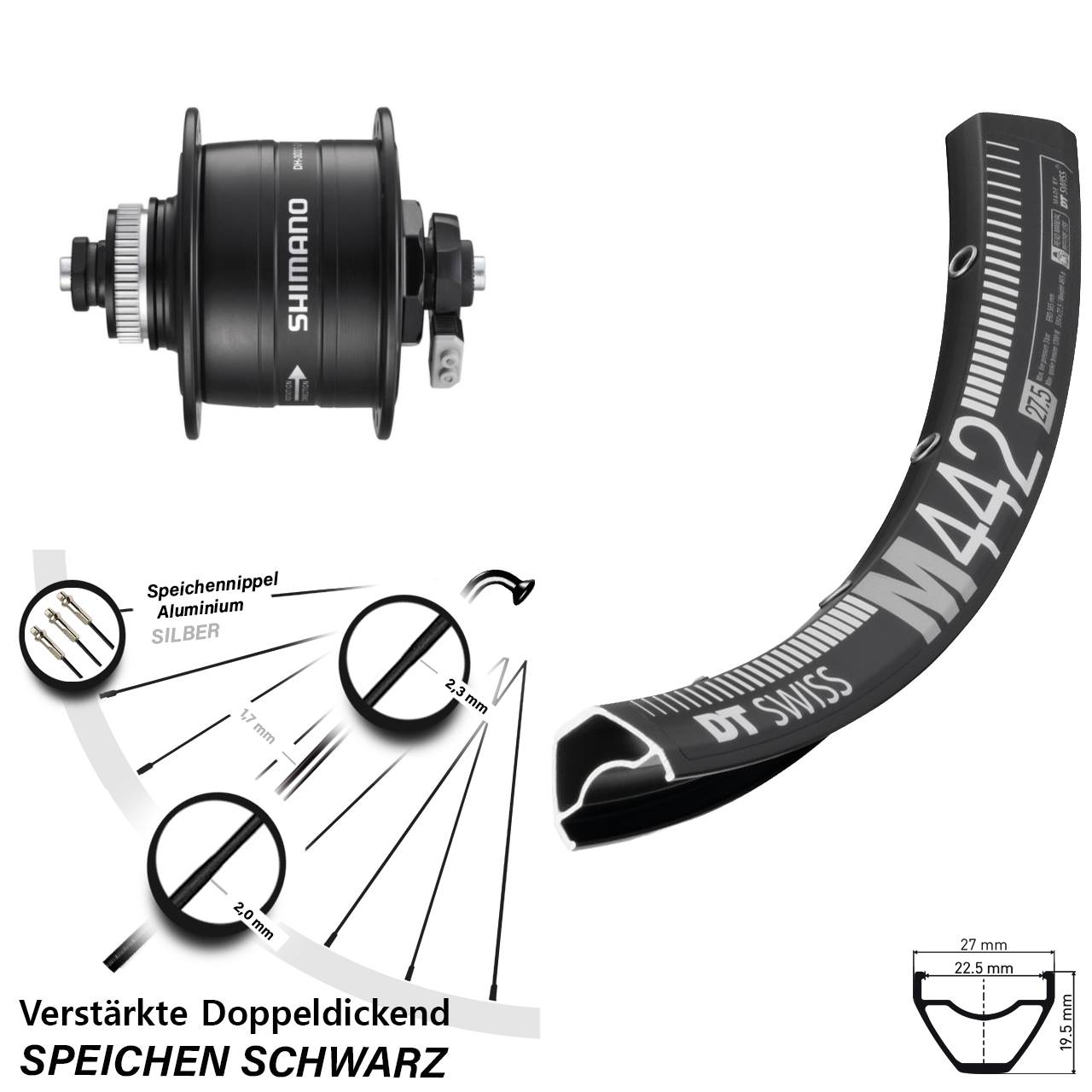 29 Zoll DT Swiss M 442 Shimano DH-3D37-QR Dynamo-Vorderrad Centerlock für Schnellspanner