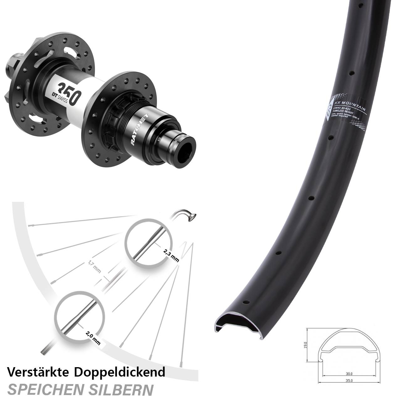 KX Mountain TR DT Swiss 350 Ratchet 36 29 Zoll Hinterrad 6-Loch 12x142 XD 11-12 fach