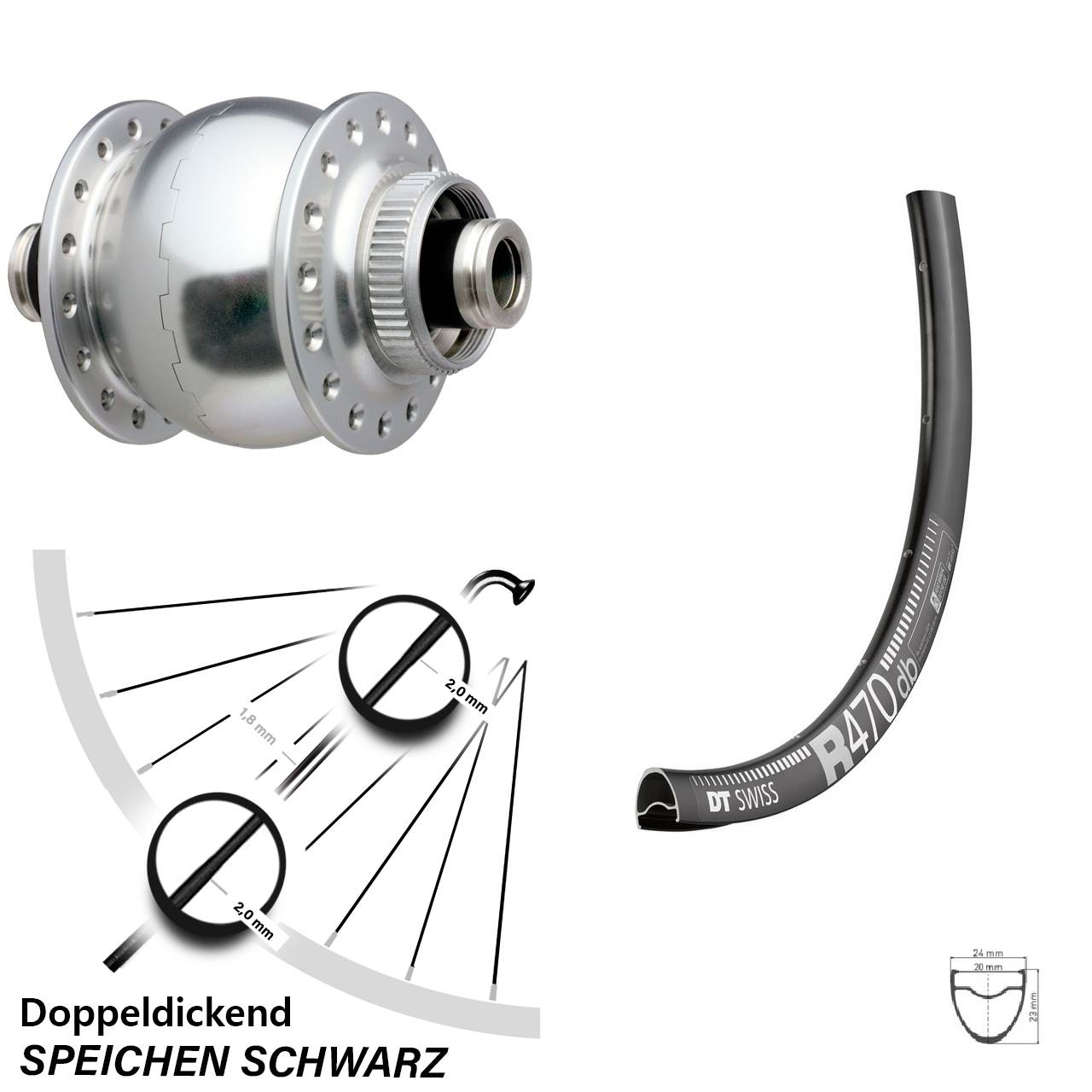 28 Zoll DT Swiss R 470 mit Nabendynamo SON delux 12 Disc Centerlock