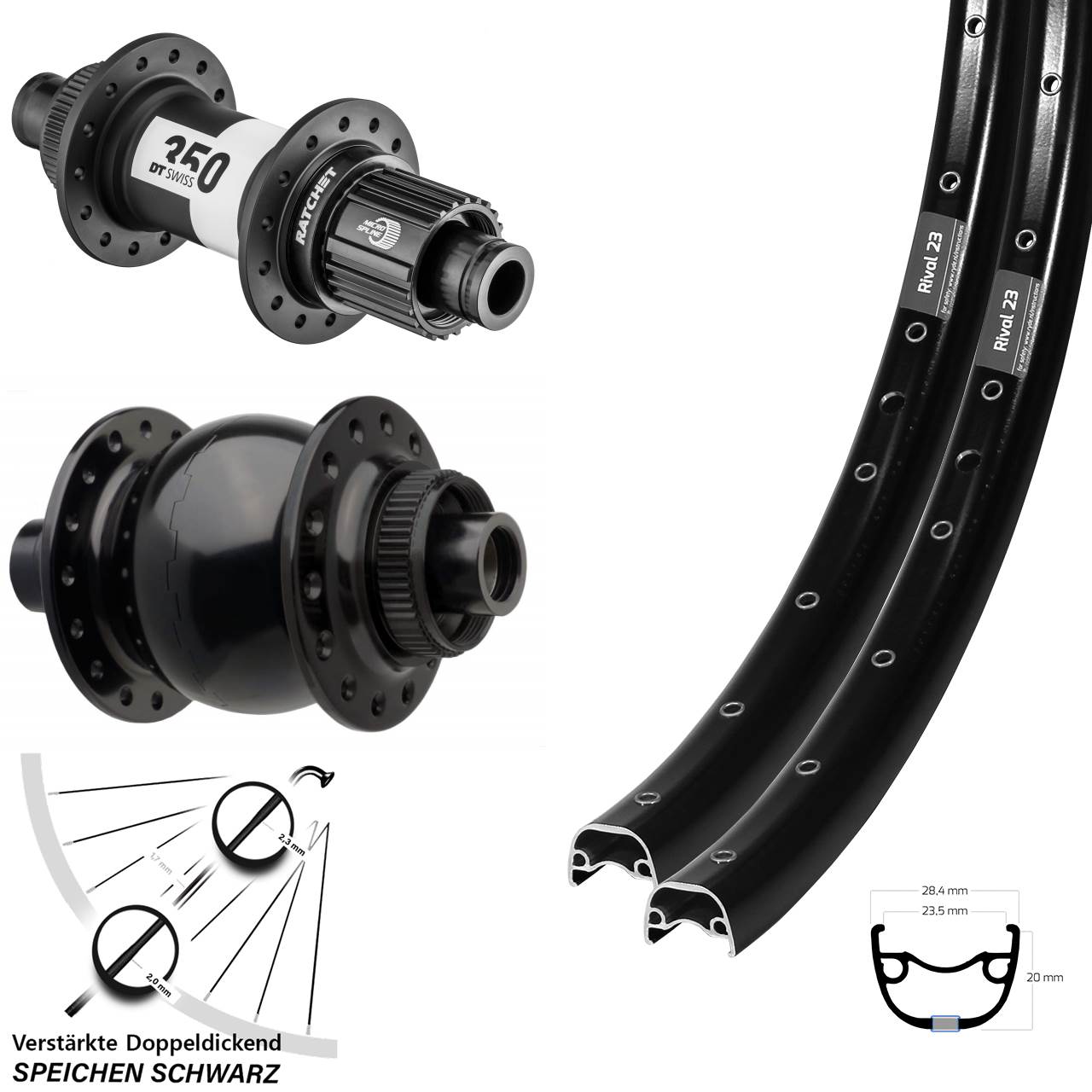 27,5 Zoll Ryde Rival 23 DT Swiss 350 SON 28 Laufradsatz Centerlock Boost Micro Spline