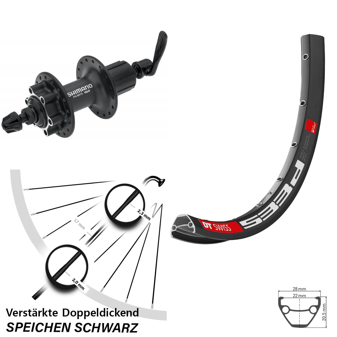 DT Swiss 533d Shimano FH-M475 27,5 Zoll Disc Hinterrad für Schnellspanner 8-11 fach HG