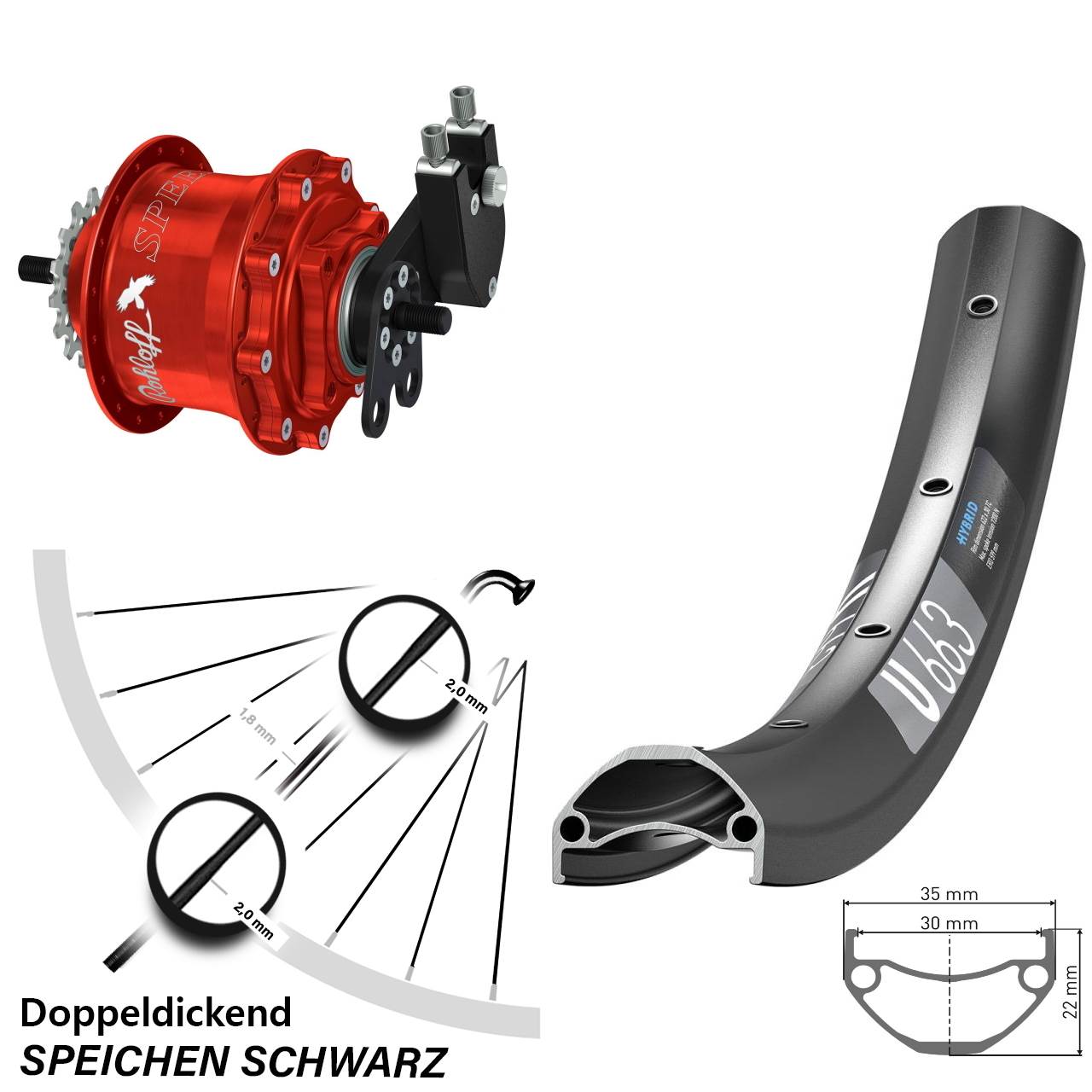 Hinterrad 26 Zoll DT Swiss U 663 Rohloff Speedhub 500/14 TS DB Tandem rot