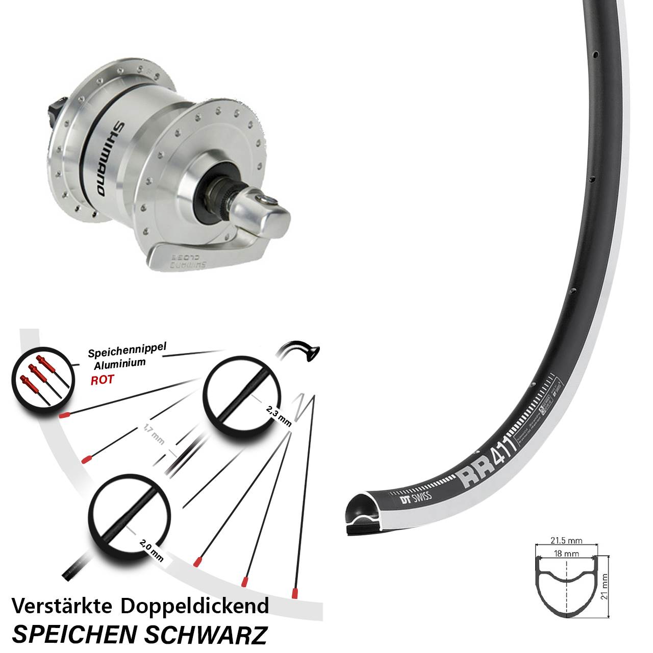 Nabendynamolaufrad 28 Zoll DT Swiss RR 411 Shimano DH3N72 für Schnellspanner