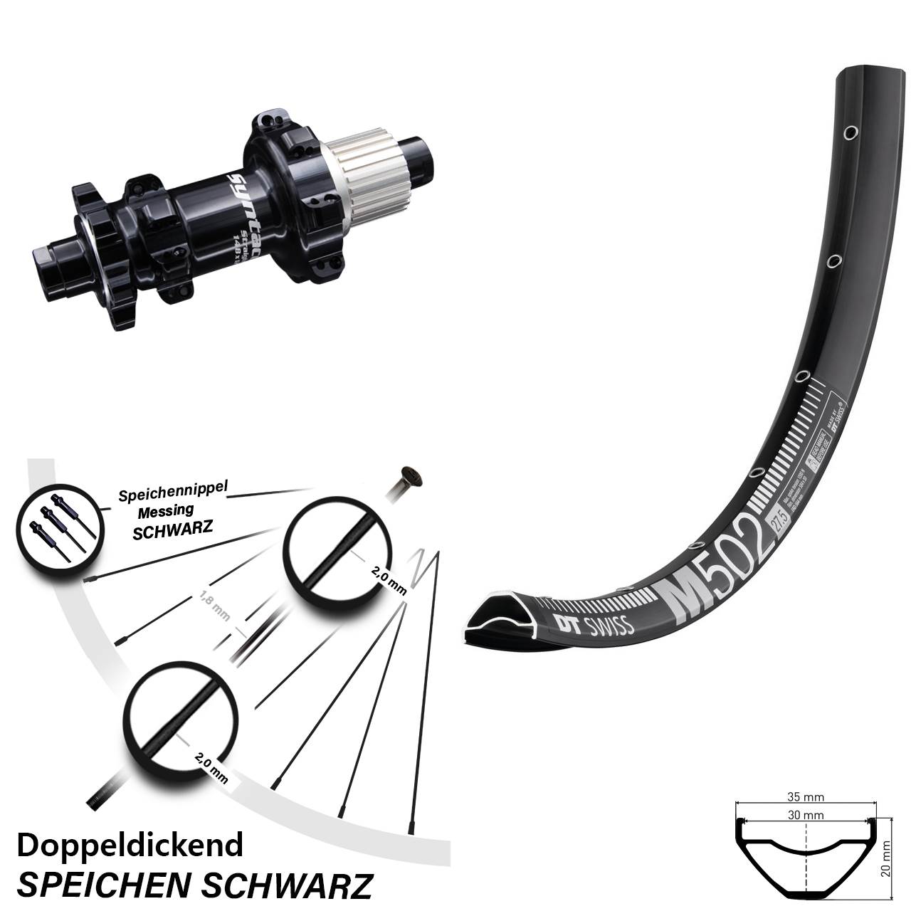 DT Swiss M 502 Syntace Boost Hinterrad 27,5 Zoll 6-Loch Micro Spline