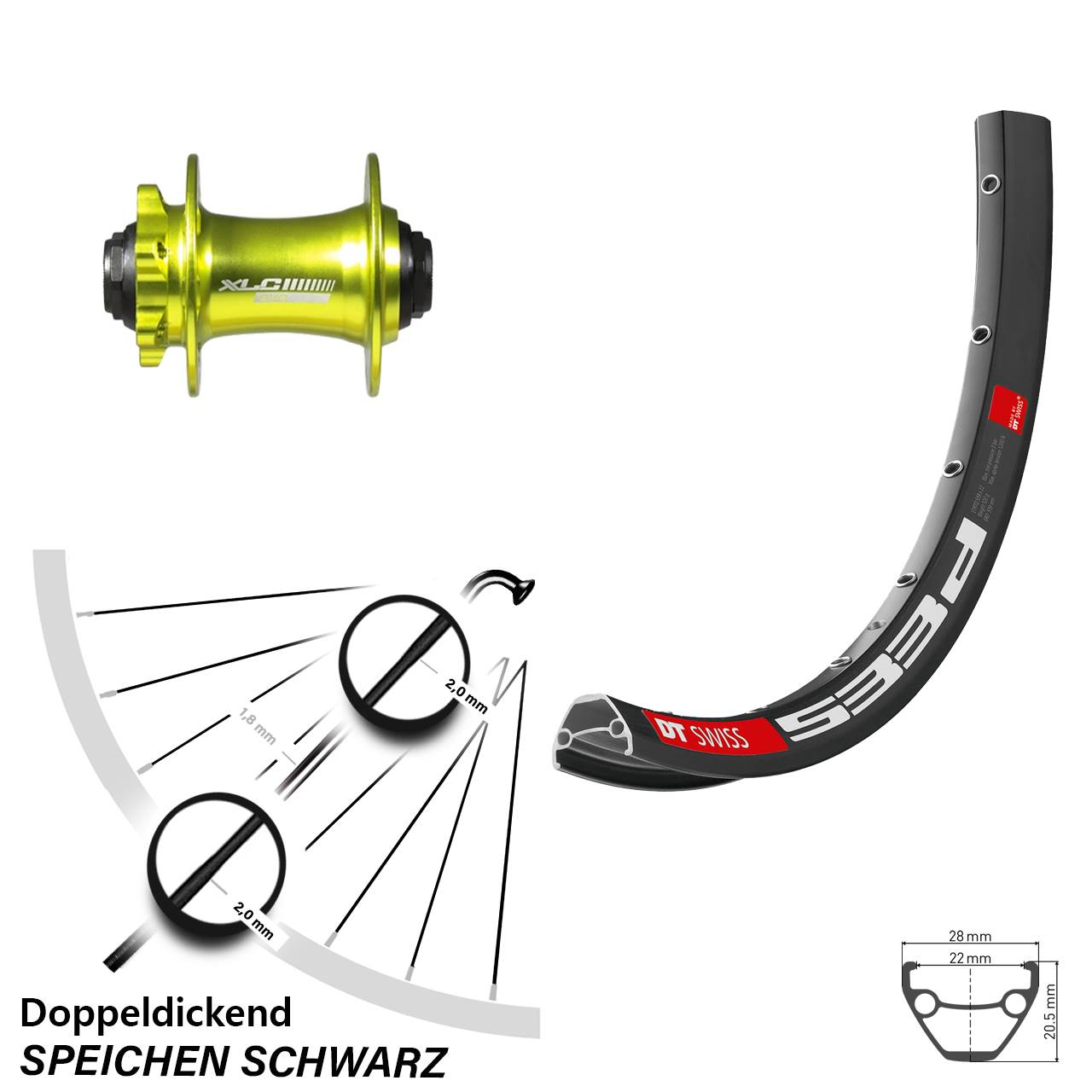 6-Loch Vorderrad 28-29 Zoll DT Swiss 533 D XLC grün 15x100