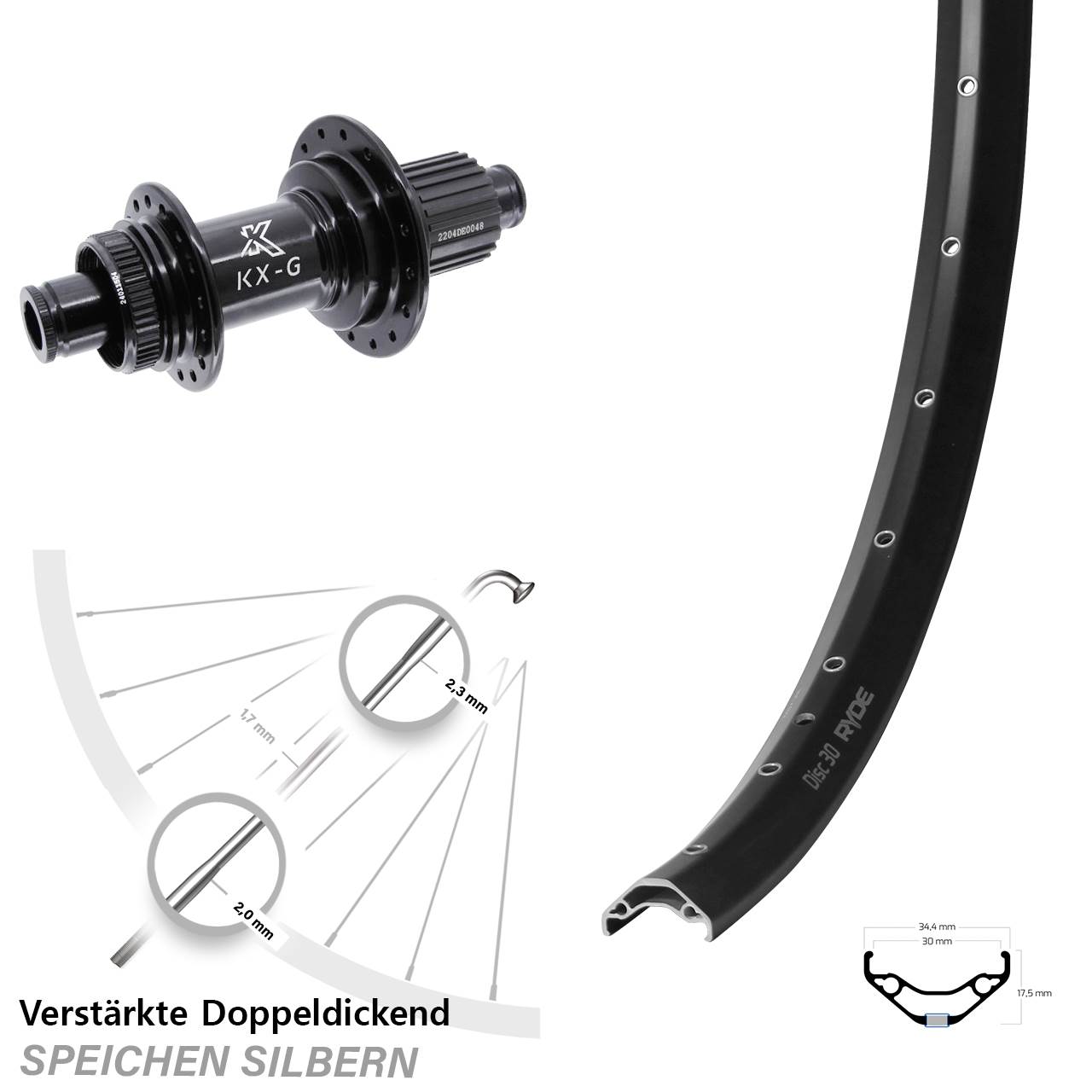 Centerlock Hinterrad 12x142 29 Zoll Ryde Disc 30 KX-GS verstärkt Micro Spline