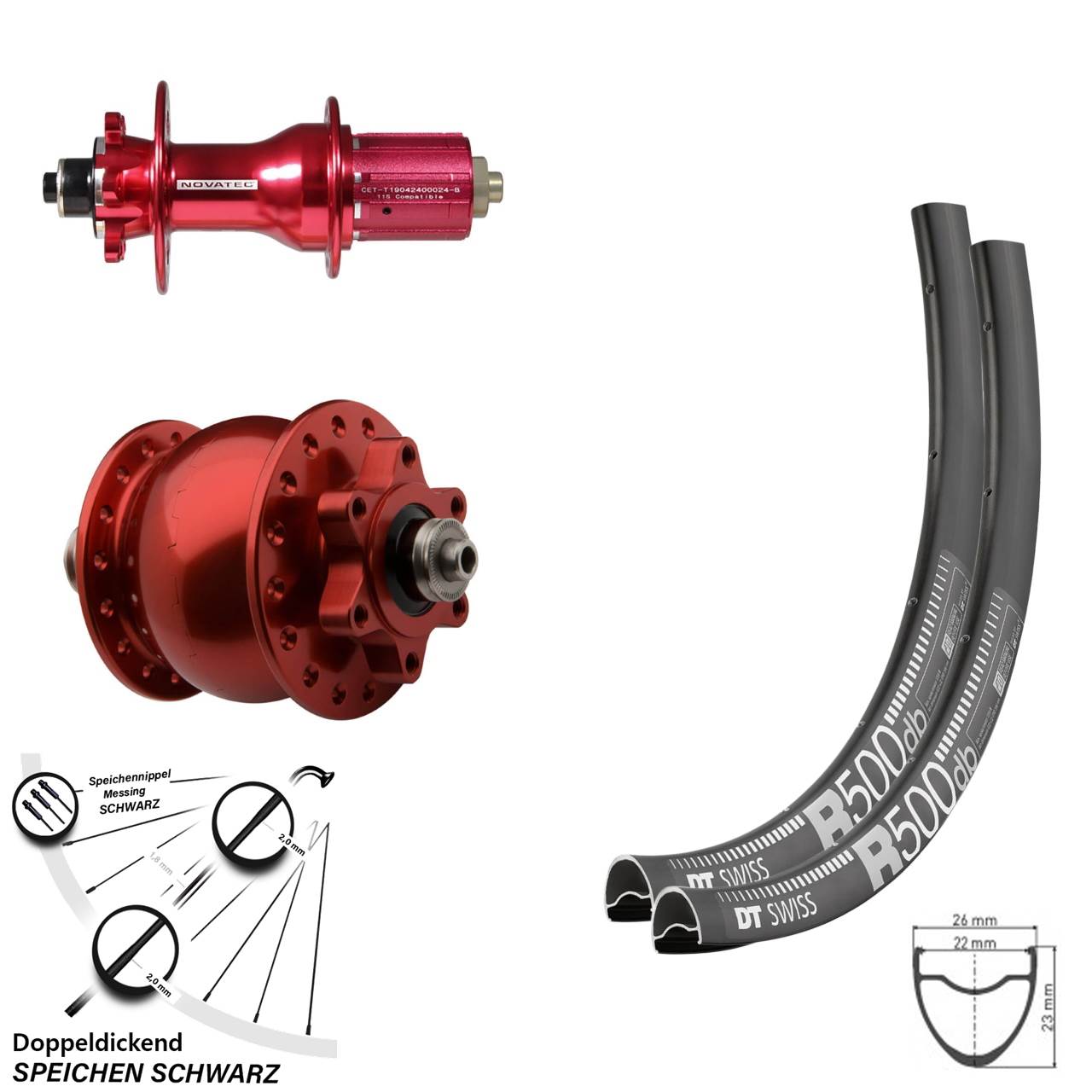 Laufradsatz 6-Loch QR 28-29 Zoll DT Swiss R500 Novatec D792 SON 28 rot 8-12 fach HG