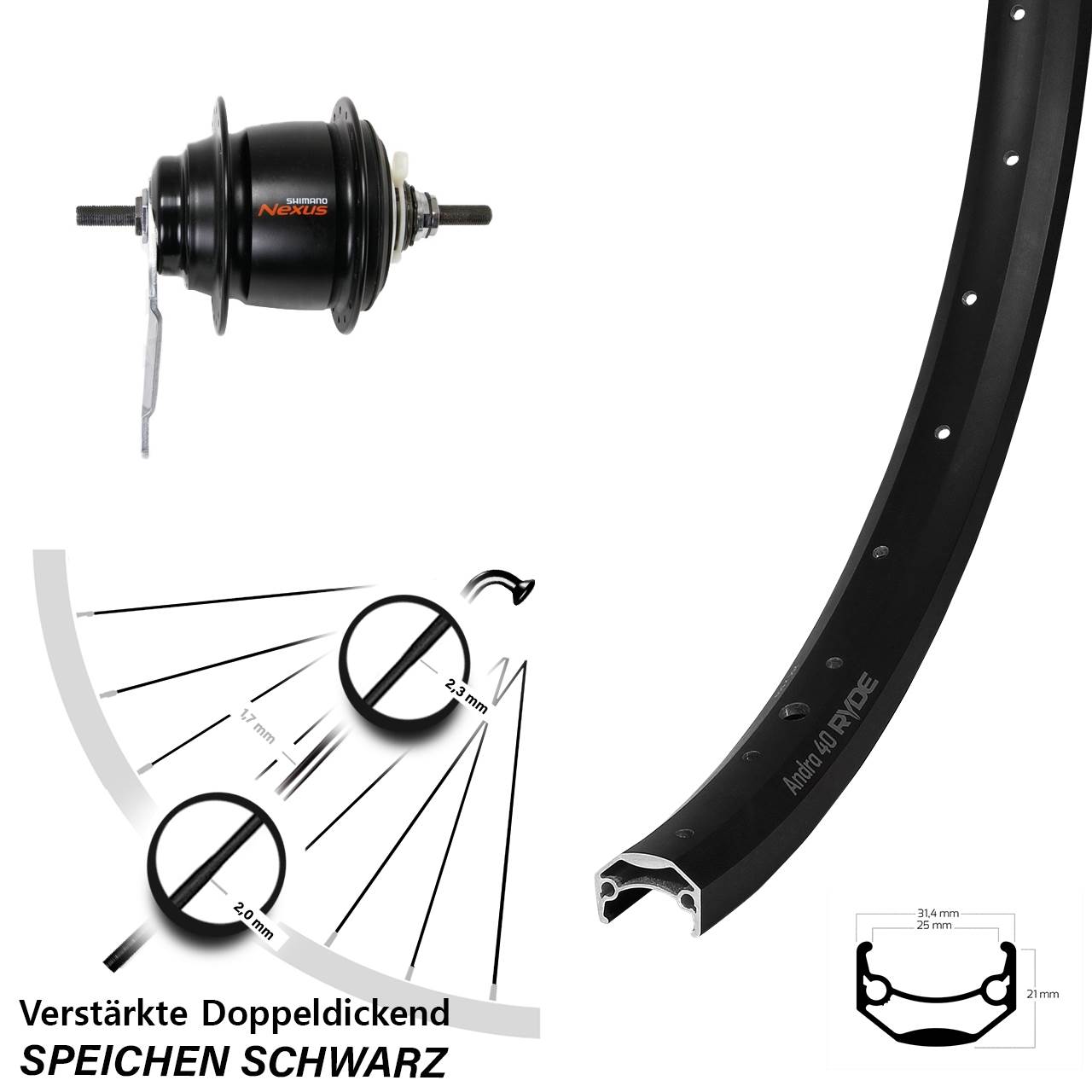 Ryde Andra 40 Disc 28 Zoll Hinterrad schwarz Shimano Nexus 8 Gang Rücktritt