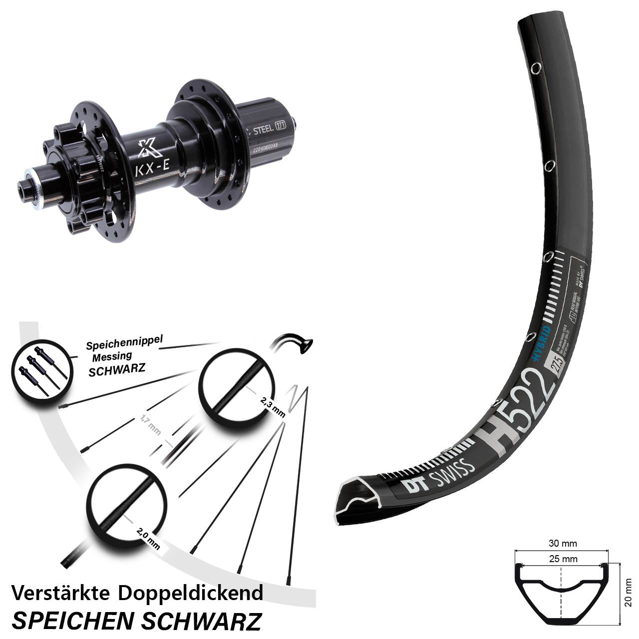 6-Loch Hinterrad 650B DT Swiss H 522 KX-E 8-12 fach HG für Schnellspanner Boost