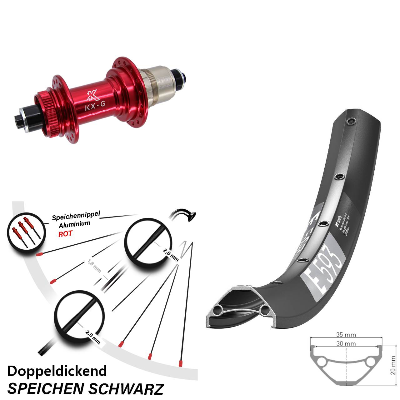 Centerlock Hinterrad 29 Zoll DT Swiss E593 KX-G rot XD-R für Schnellspanner