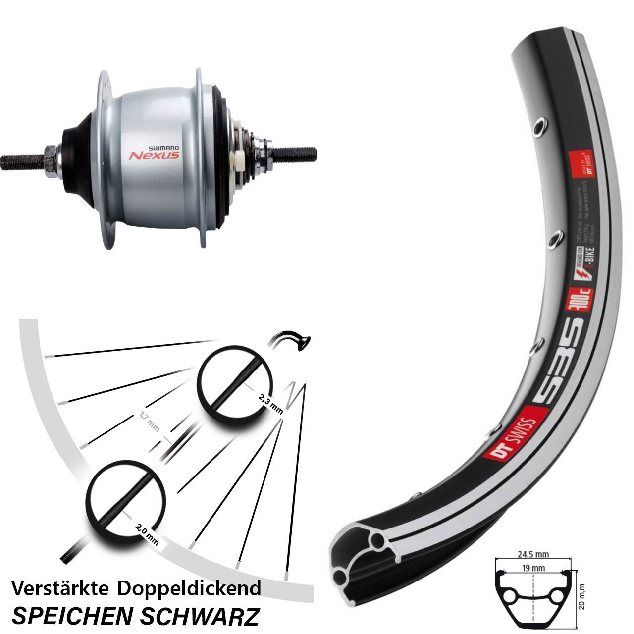 28 Zoll DT Swiss 535 Hinterrad Shimano Nexus 8 Gang Freilauf
