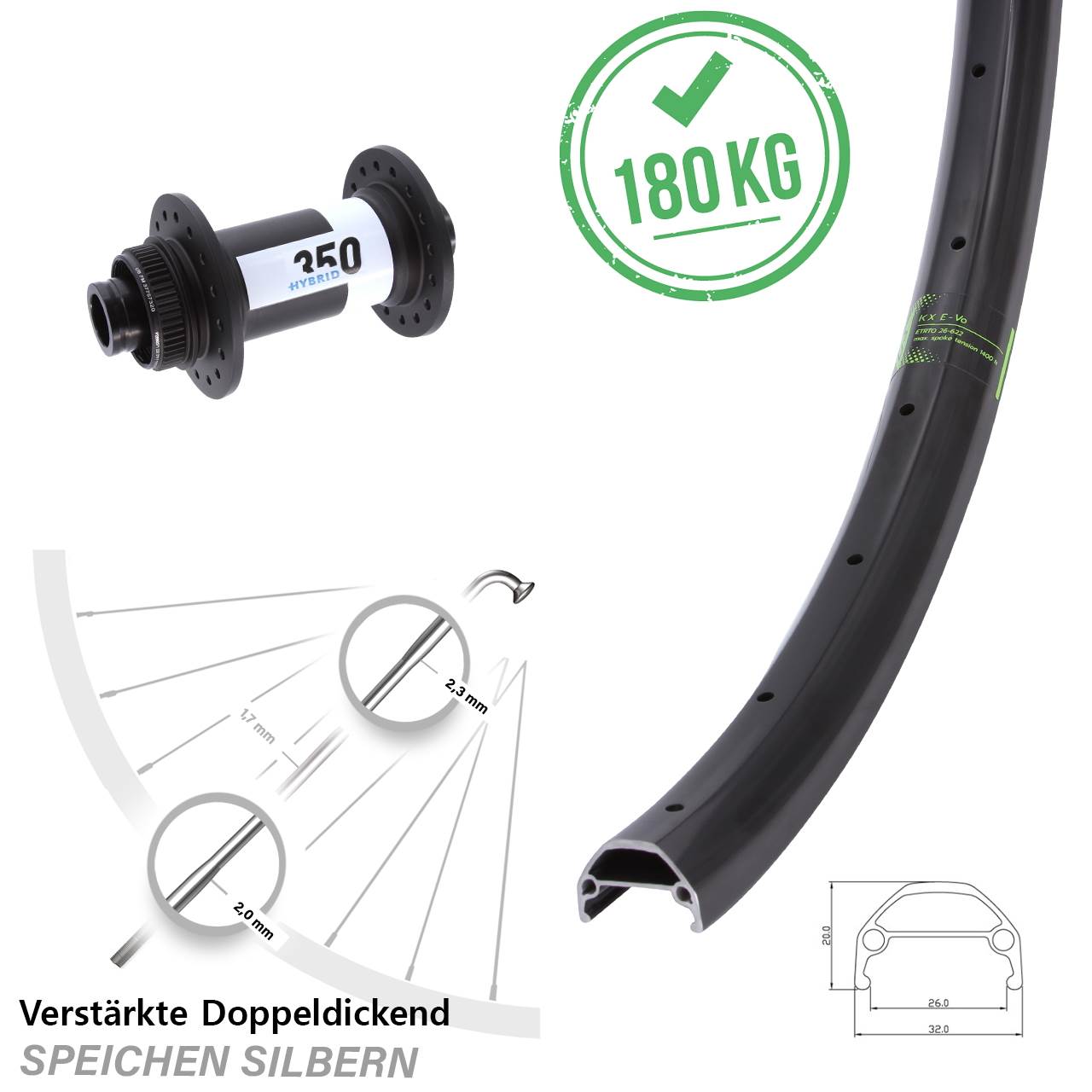 Centerlock Vorderrad 20 Zoll KX Evo DT Swiss 350 Hybrid 15x110 Boost