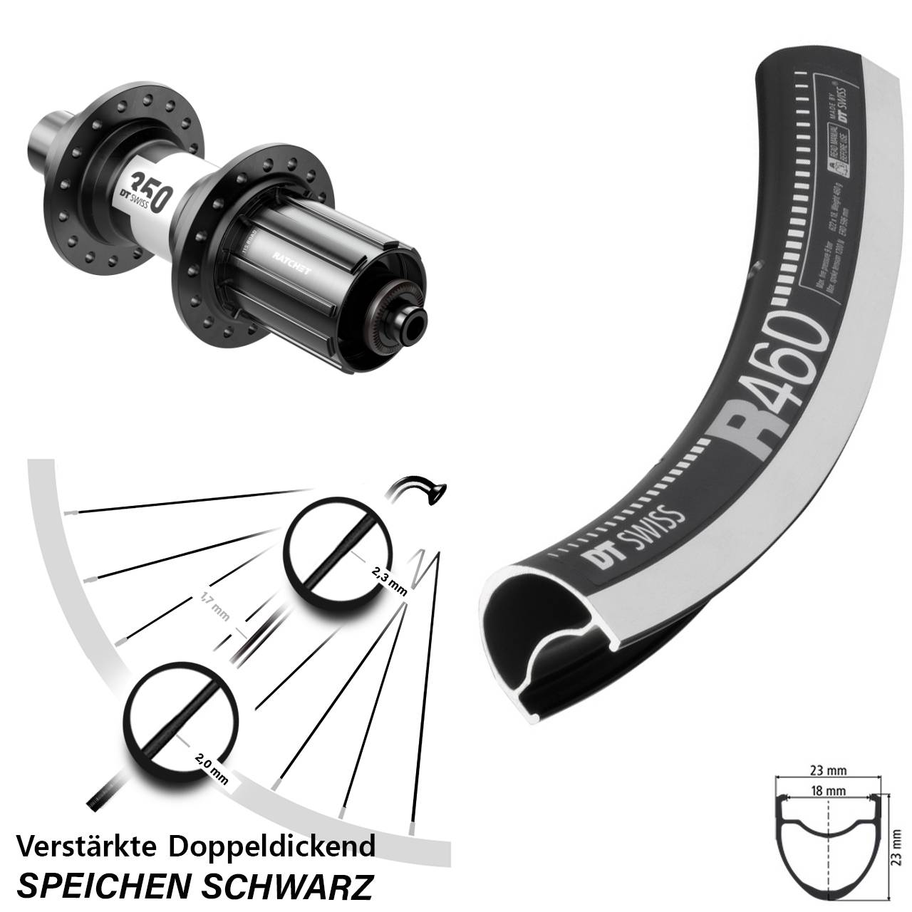 DT Swiss R 460-350 Rennrad 28 Zoll Laufrad hinten QR 11-12 fach