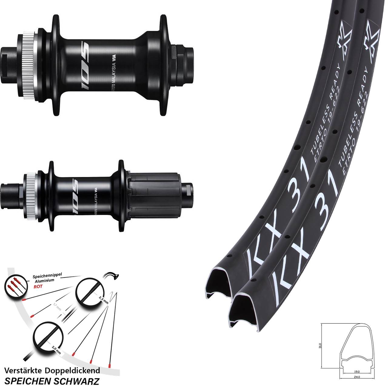 28 Zoll KX 31 Offset Shimano FH-R7070 HB-R7070 Disc Laufradsatz 12x100/142 8-12 fach
