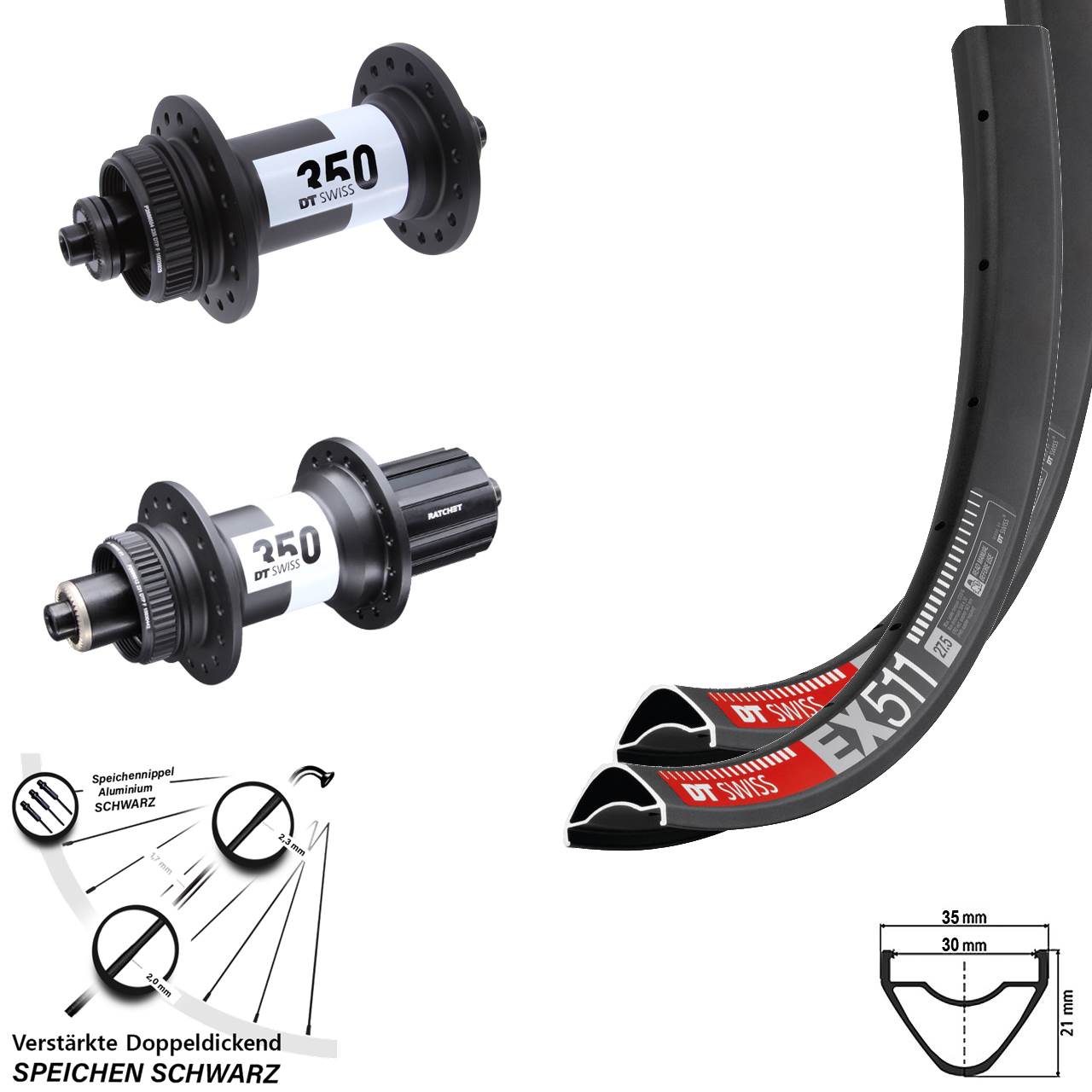 DT Swiss EX 511-350 Ratchet 36 29 Zoll Laufrad-Satz für Schnellspanner 8-11 fach