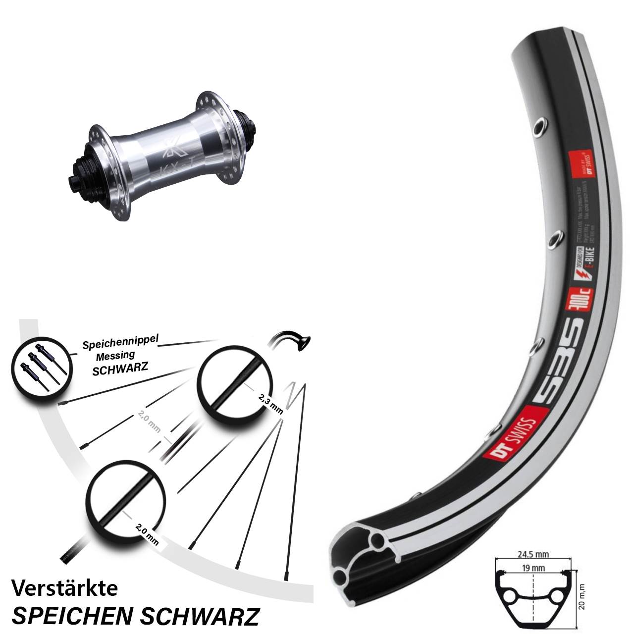 Vorderrad Felgenbremse verstärkt 28 Zoll DT Swiss 535 mit KX-T Nabe silbern