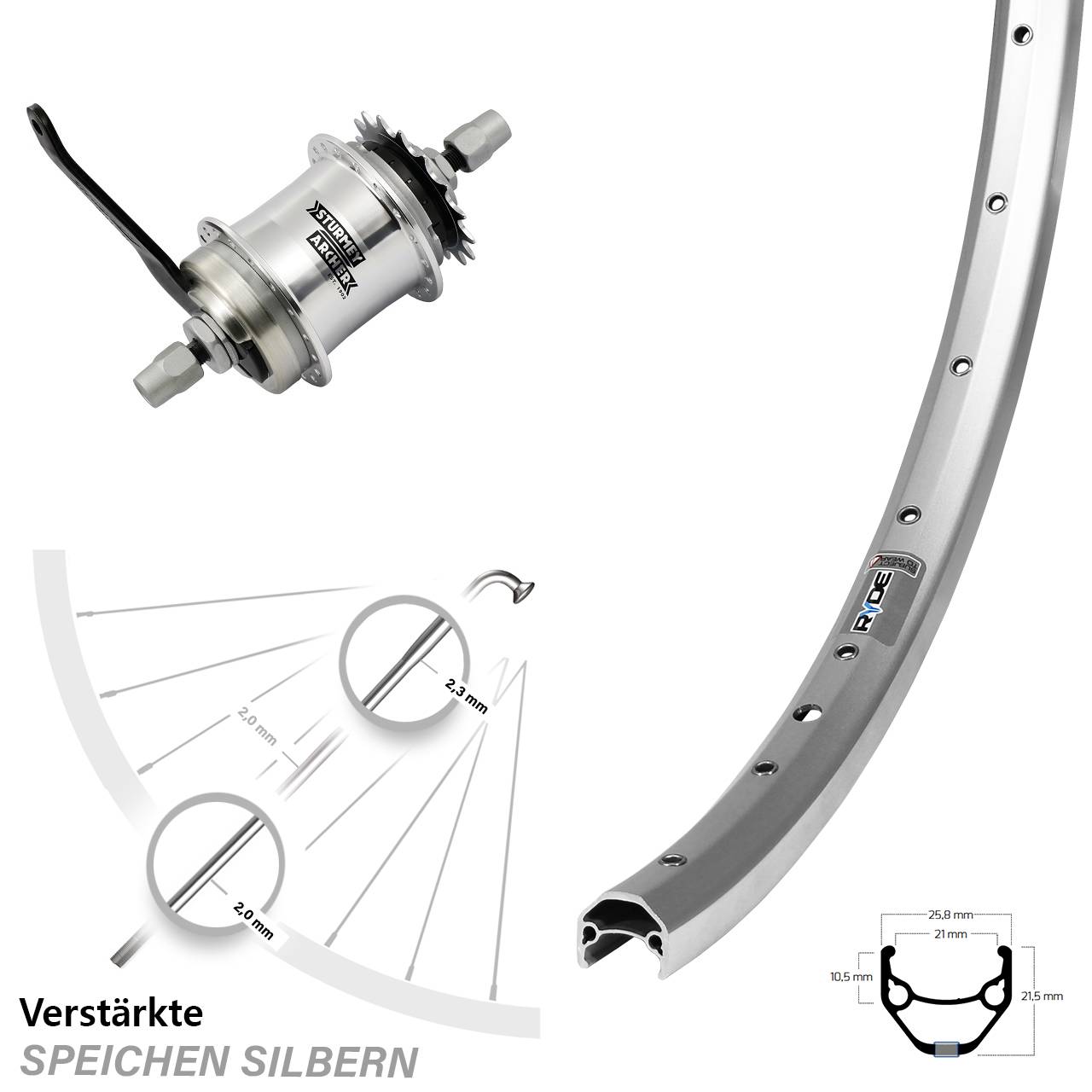 Hinterrad 27,5 Zoll Ryde ZAC 421 silbern Sturmey Archer S1C 1-Gang Rücktritt