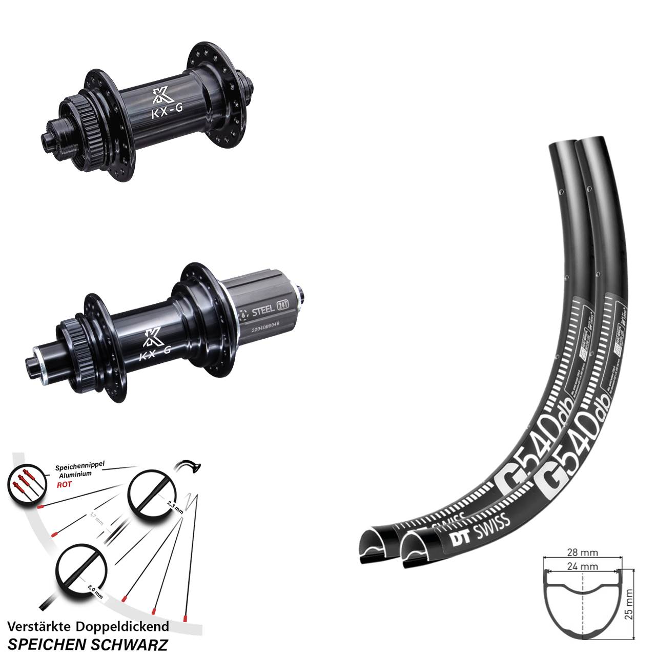 DT Swiss G 540 Gravel Laufradsatz 100x135 mm 28 Zoll KX-GS Nabe Centerlock Stahlfreilauf