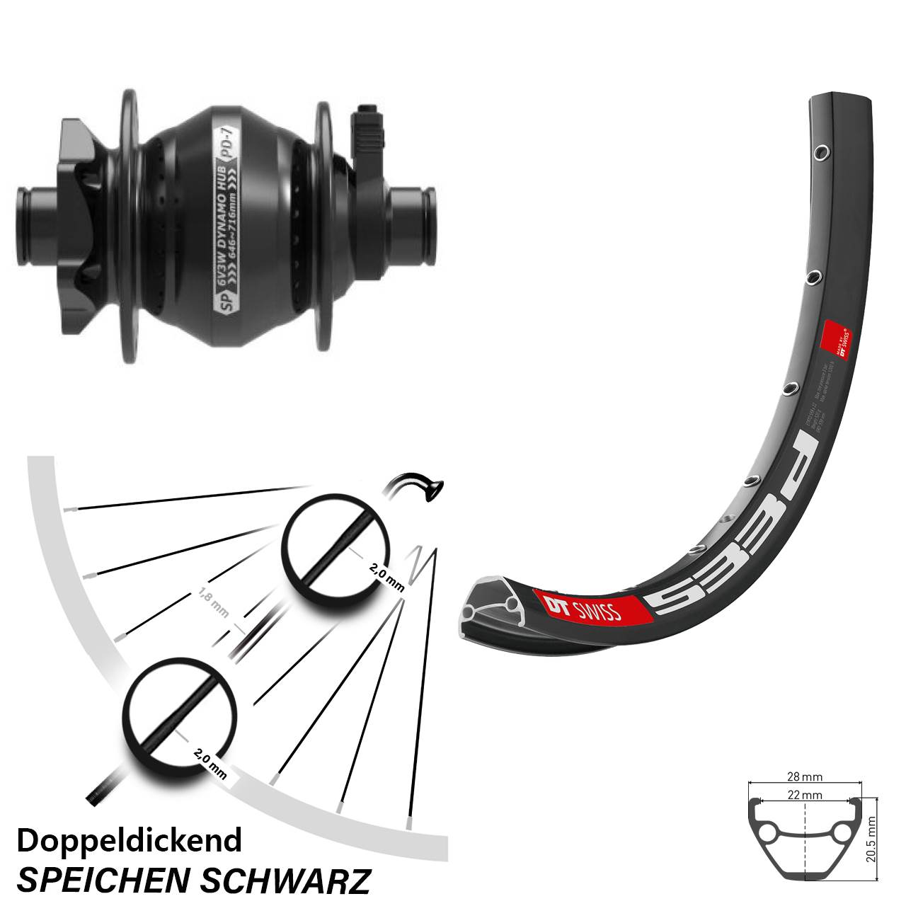 28-29 Zoll Vorderrad mit Nabendynamo DT Swiss 533 D Shutter Precision PD-7 für 6-Loch