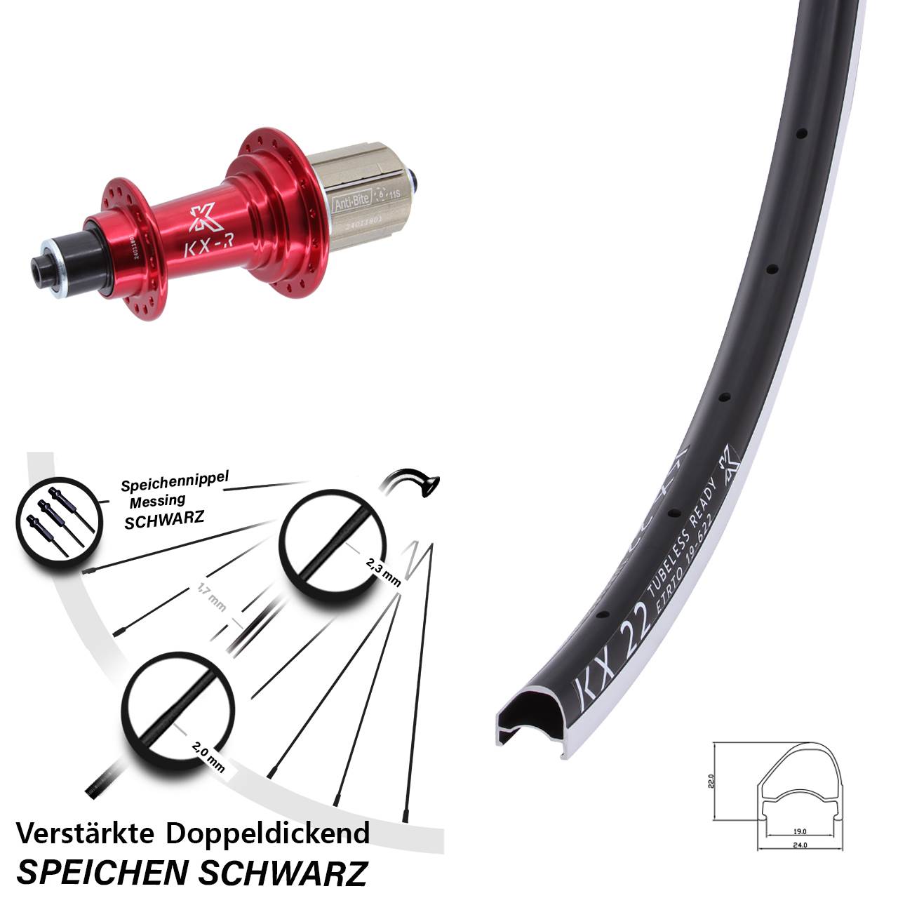 28 Zoll KX-R 22 OS rot Hinterrad für Schnellspanner 8-12 fach