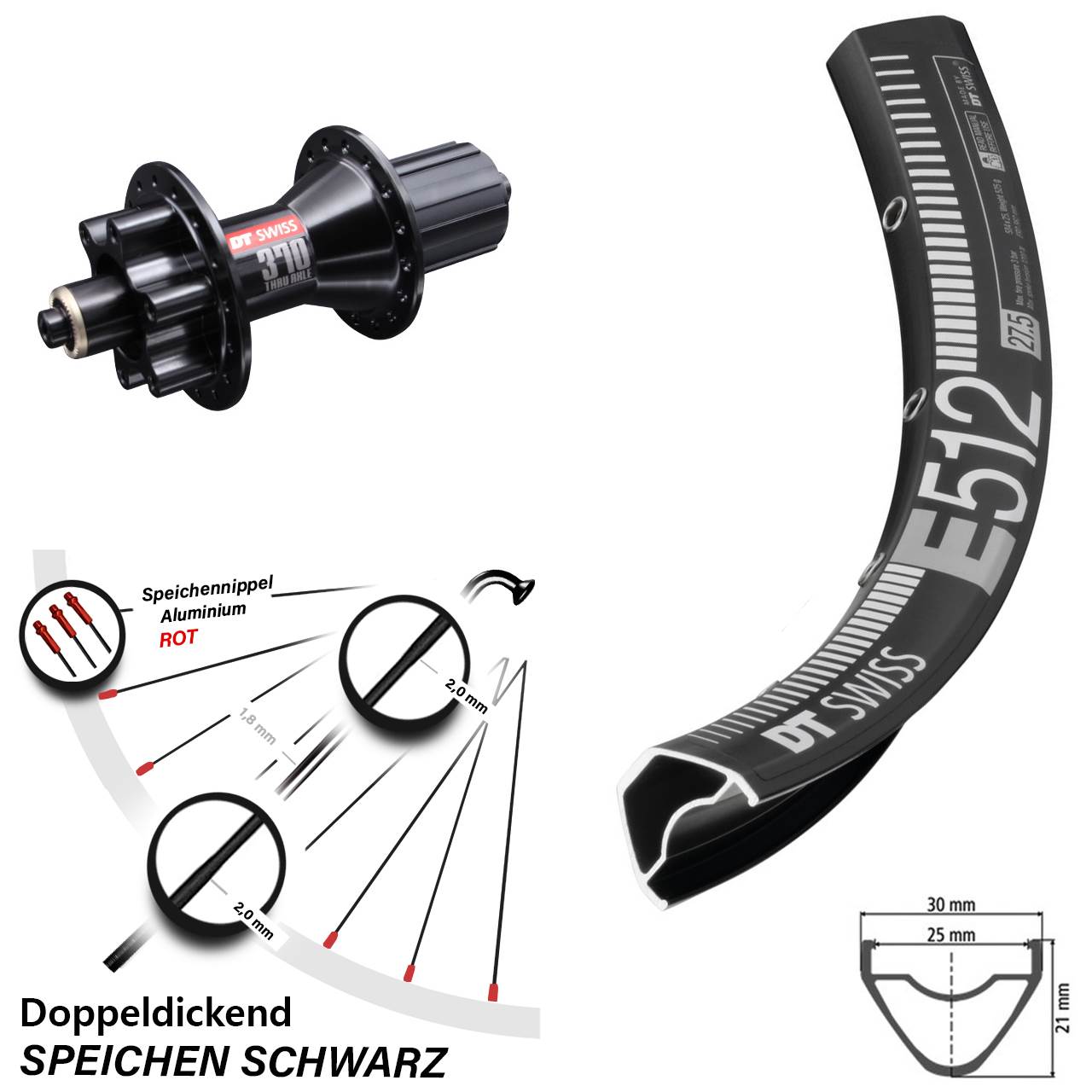 DT Swiss E 512-370 Hybrid 27,5 Zoll Hinterrad 6-Loch 8-11 fach QR
