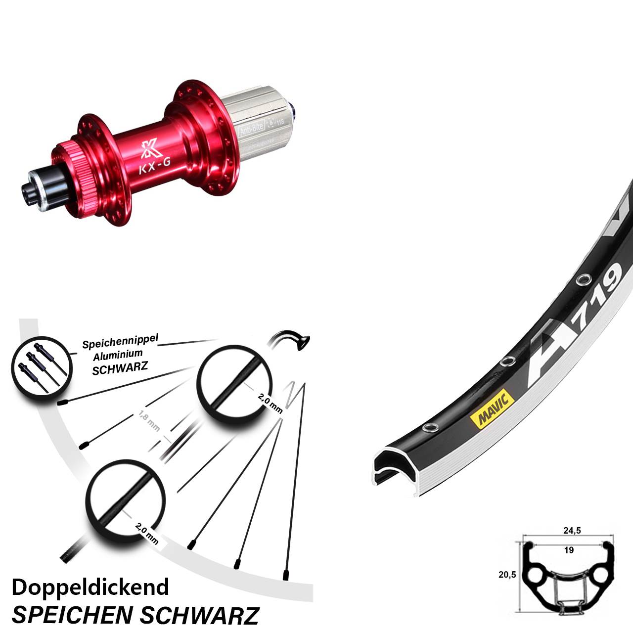 28 Zoll Hinterrad KX-G rot Schnellspanner 8-12 fach und Felgenbremse Mavic A 719