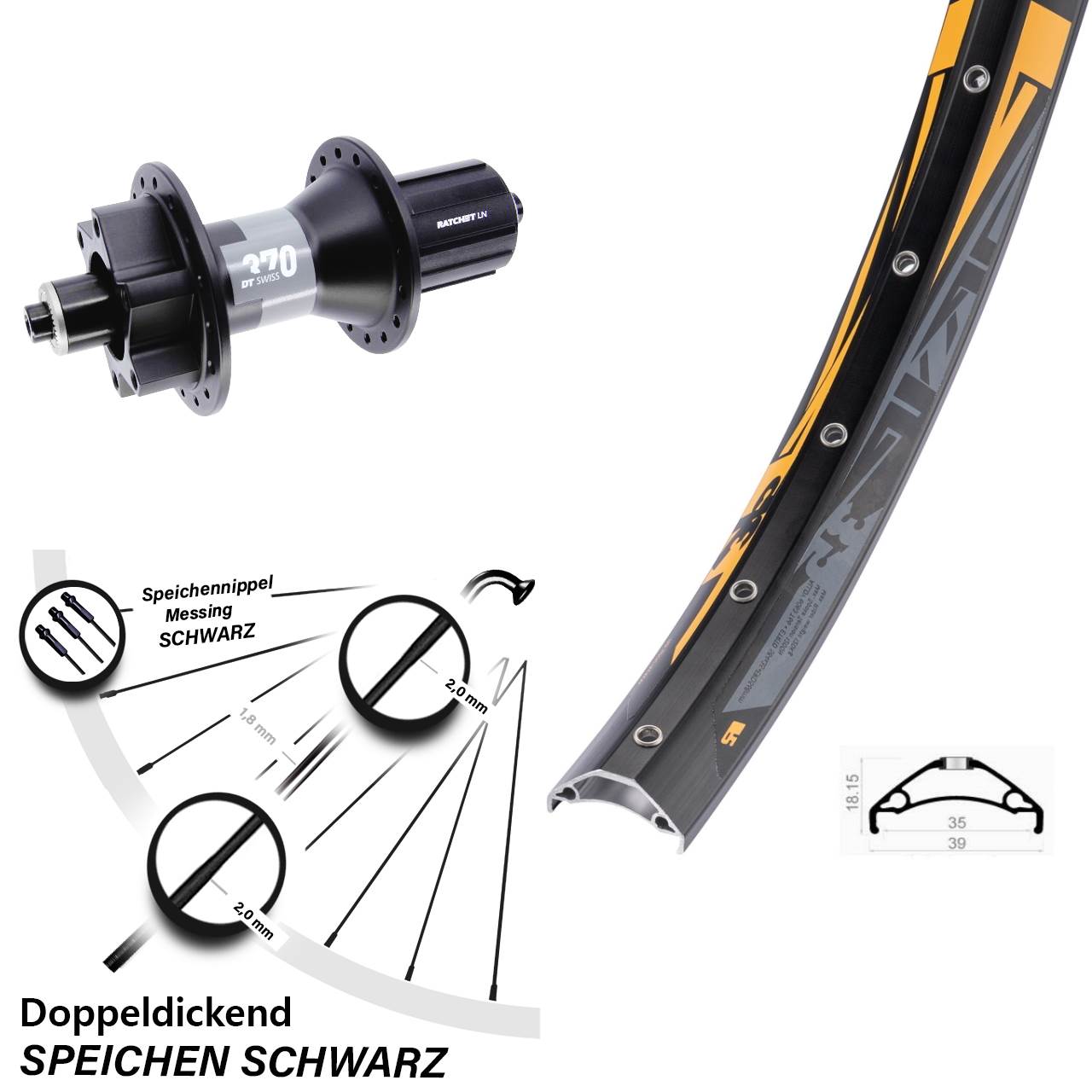 27,5 Zoll Rodi TRYP 35 DT Swiss 370 Boost Disc Laufrad QR Boost 8-11 fach HG