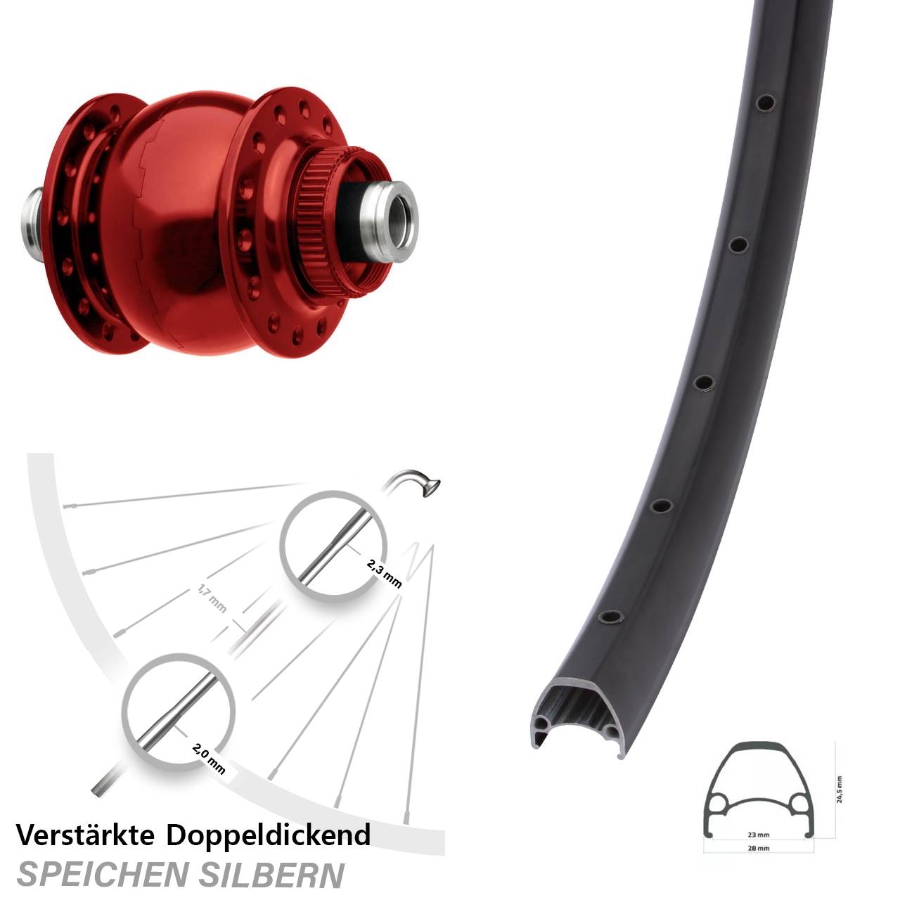 SON 28 rot Ambrosio Sport 28-29 Zoll Disc Laufrad mit Nabendynamo 12x100