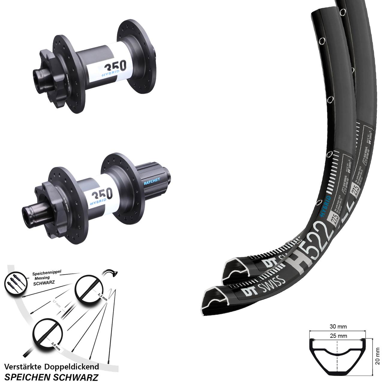 27,5 Zoll DT Swiss H522-350 Hybrid 6-Loch Laufradsatz 15x110 12x148 8-11 fach