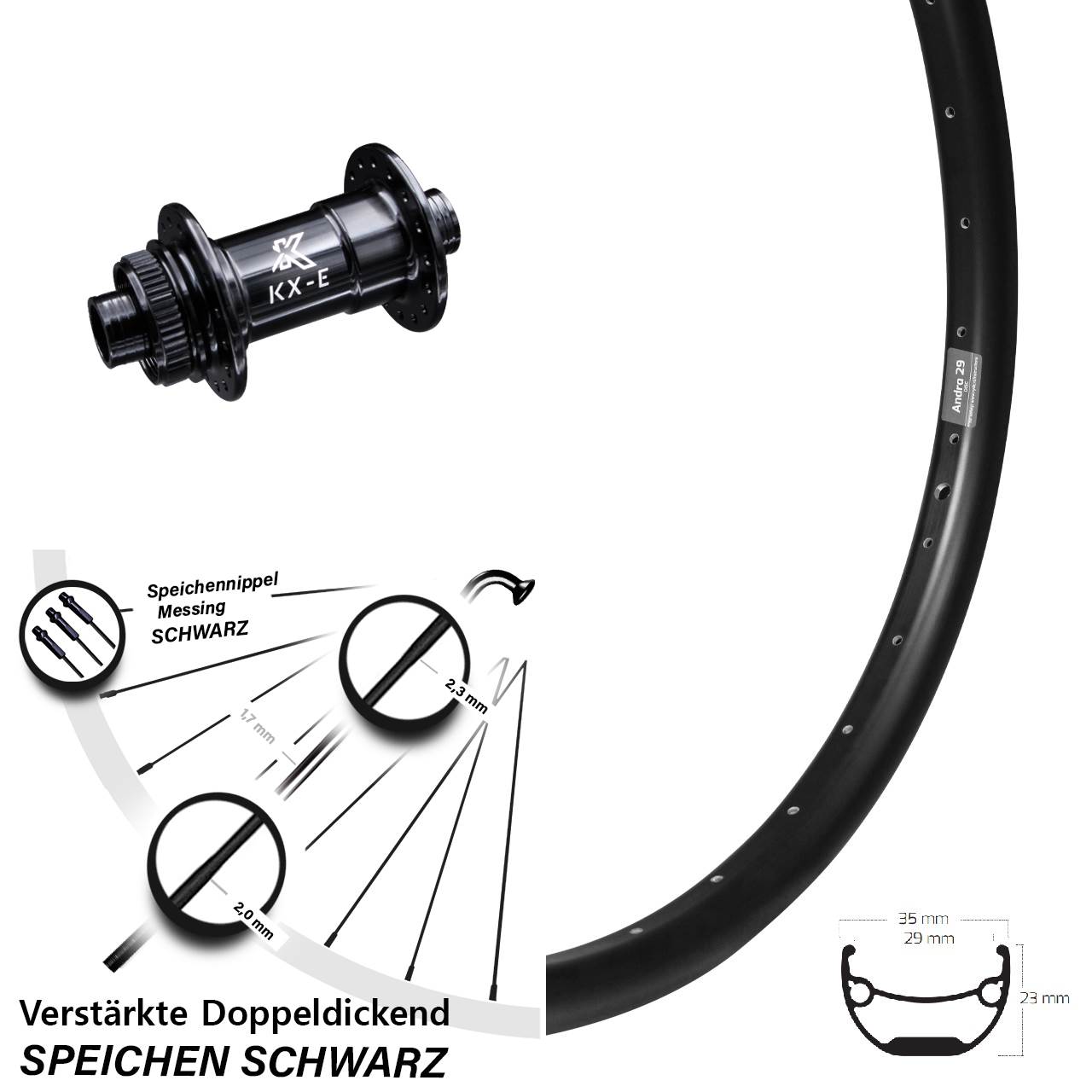 29 Zoll Vorderrad KX-E Nabe Centerlock 15x100 mm Ryde Andra 29-622 ETRTO