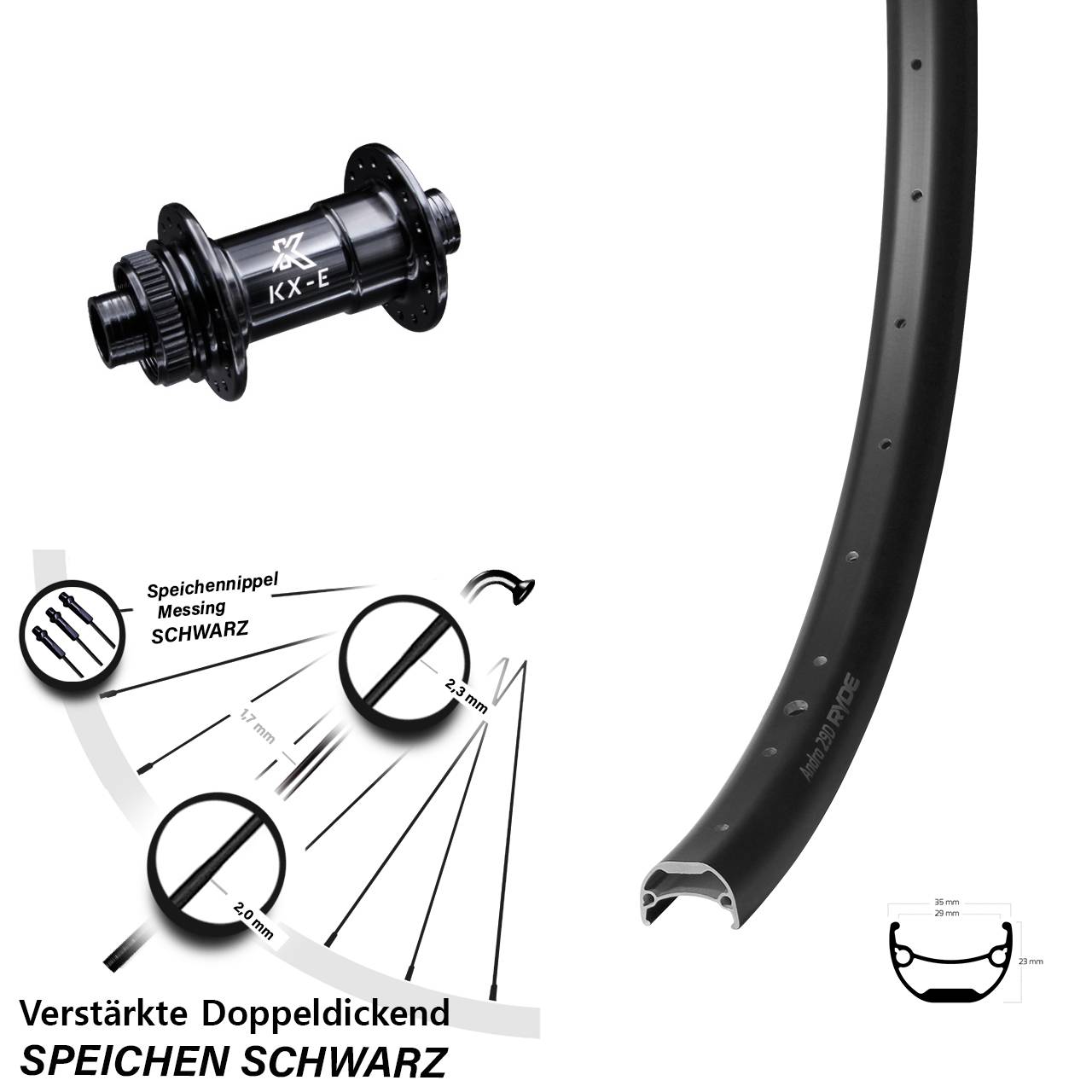 29 Zoll Vorderrad KX-E Nabe Centerlock 15x100 mm Ryde Andra 29-622 ETRTO