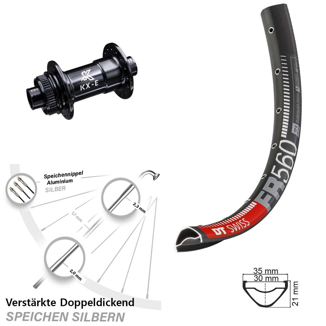 KX-E Steckachse 15x100 DT Swiss FR 560 Vorderrad Enduro MTB 26 Zoll für Centerlock