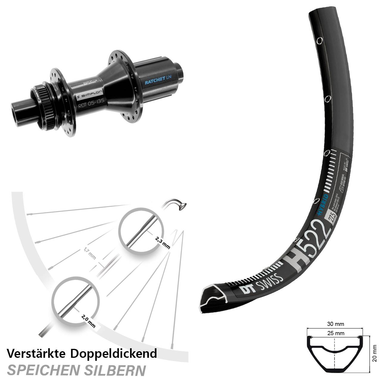 DT Swiss H 522-370 Hybrid 28 Zoll Disc Laufrad 12x142 8-11 fach HG