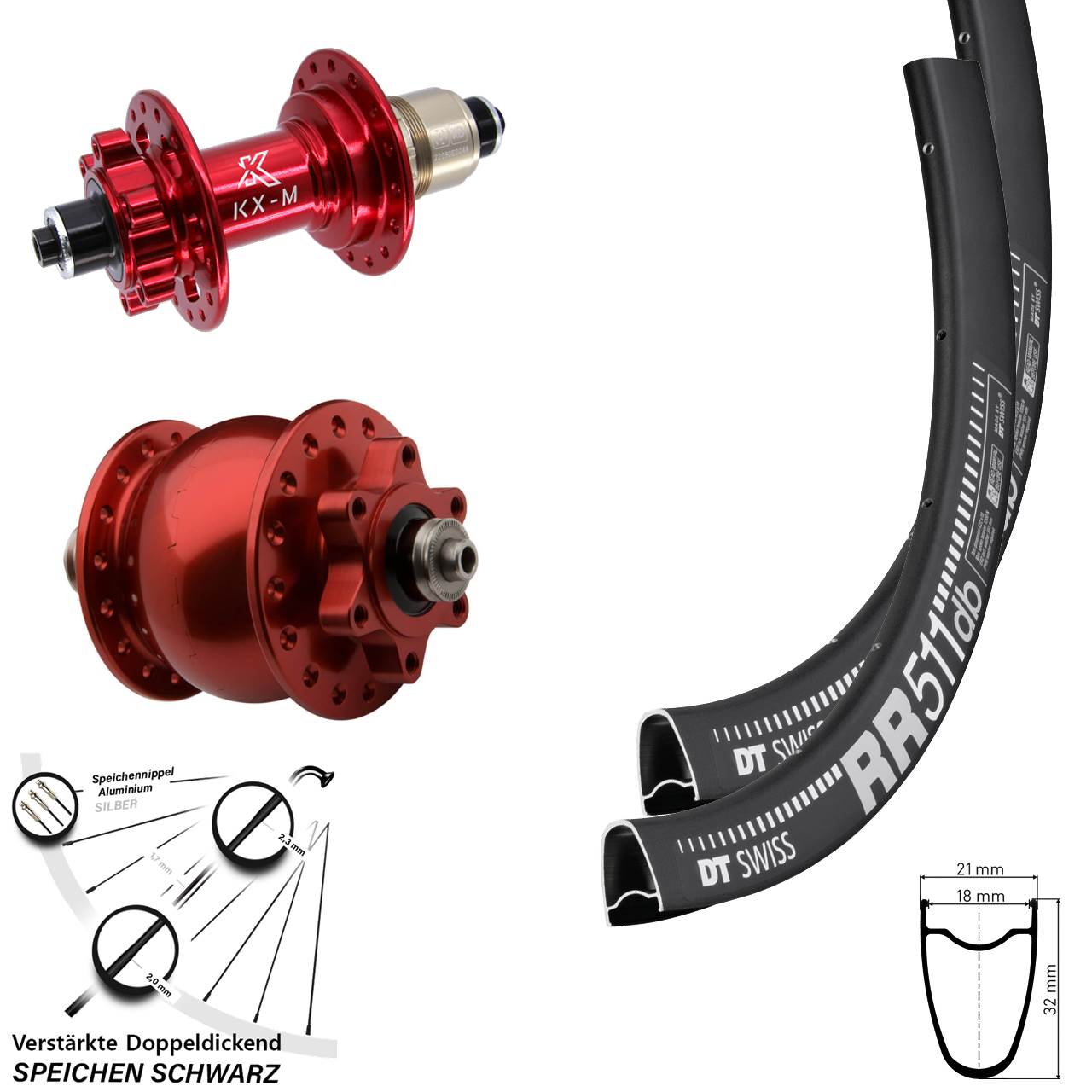 DT Swiss RR511 KX-M rot SON 28 Zoll 6-Loch Laufradsatz für Schnellspanner XD 11-12 fach