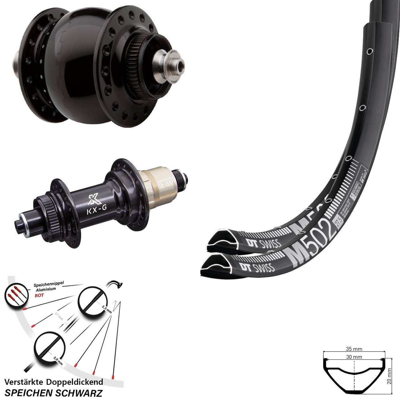 Disc Laufrad-Satz 27,5 Zoll DT Swiss M502 KX-G SON 28 SRAM XDR für Schnellspanner