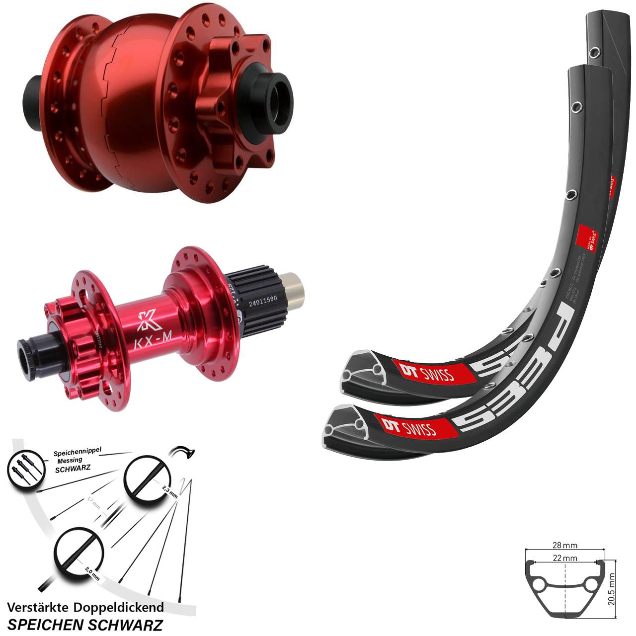 Laufradsatz 6-Loch 15x100 12x142 28 Zoll DT Swiss 533 D KX-M rot SON Micro Spline