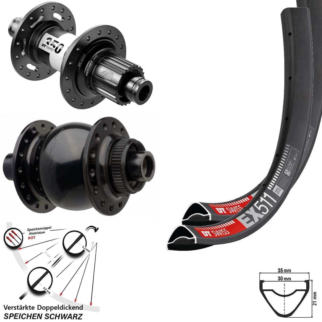 Disc Laufradsatz 27,5 Zoll DT Swiss EX 511 350 DEG72 SON 28 Spline 15x110/12x148