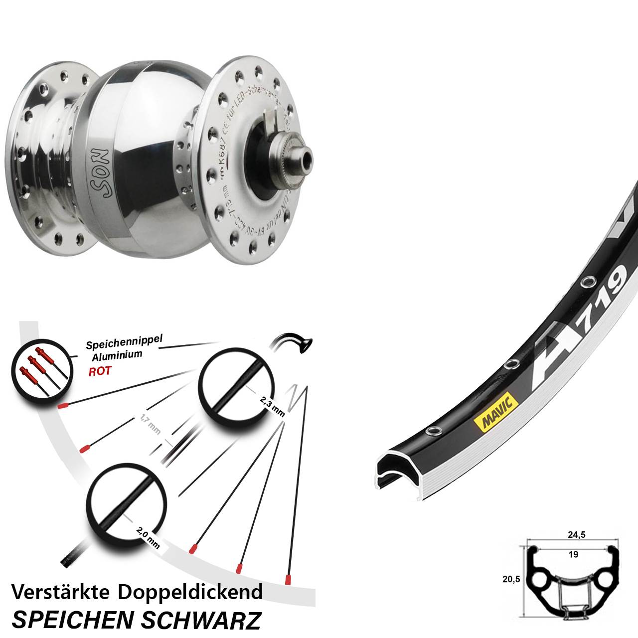 Nabendynamolaufrad 28 Zoll Mavic A 719 SON delux wide body für Schnellspanner