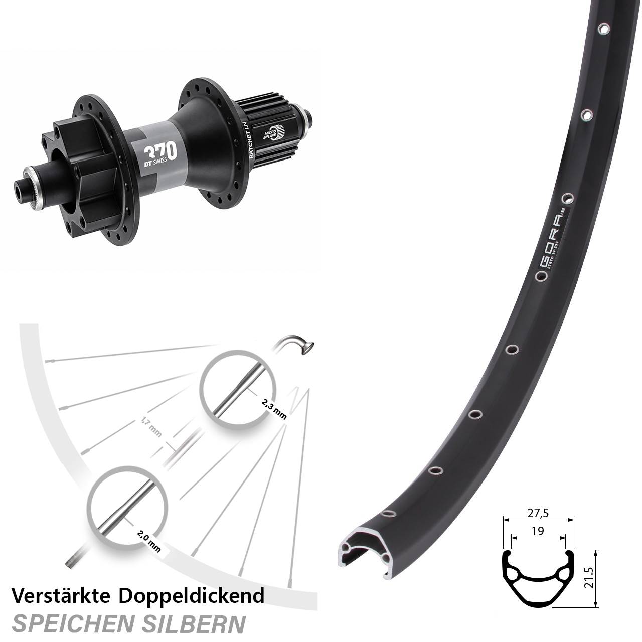 6-Loch Hinterrad 28 Zoll Gora 19 DT Swiss 370 Ratchet LN Micro Spline QR