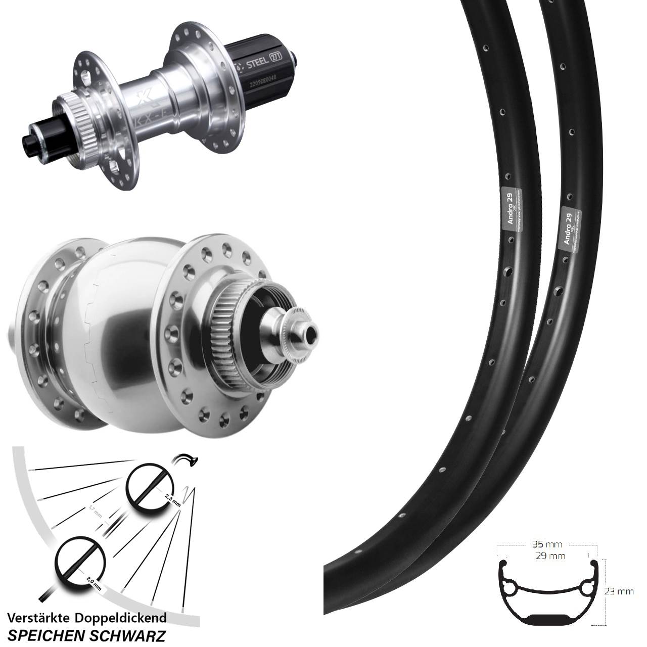 20 Zoll Ryde Andra 29 KX-E SON 28 silbern Laufradsatz Centerlock QR 8-12 fach