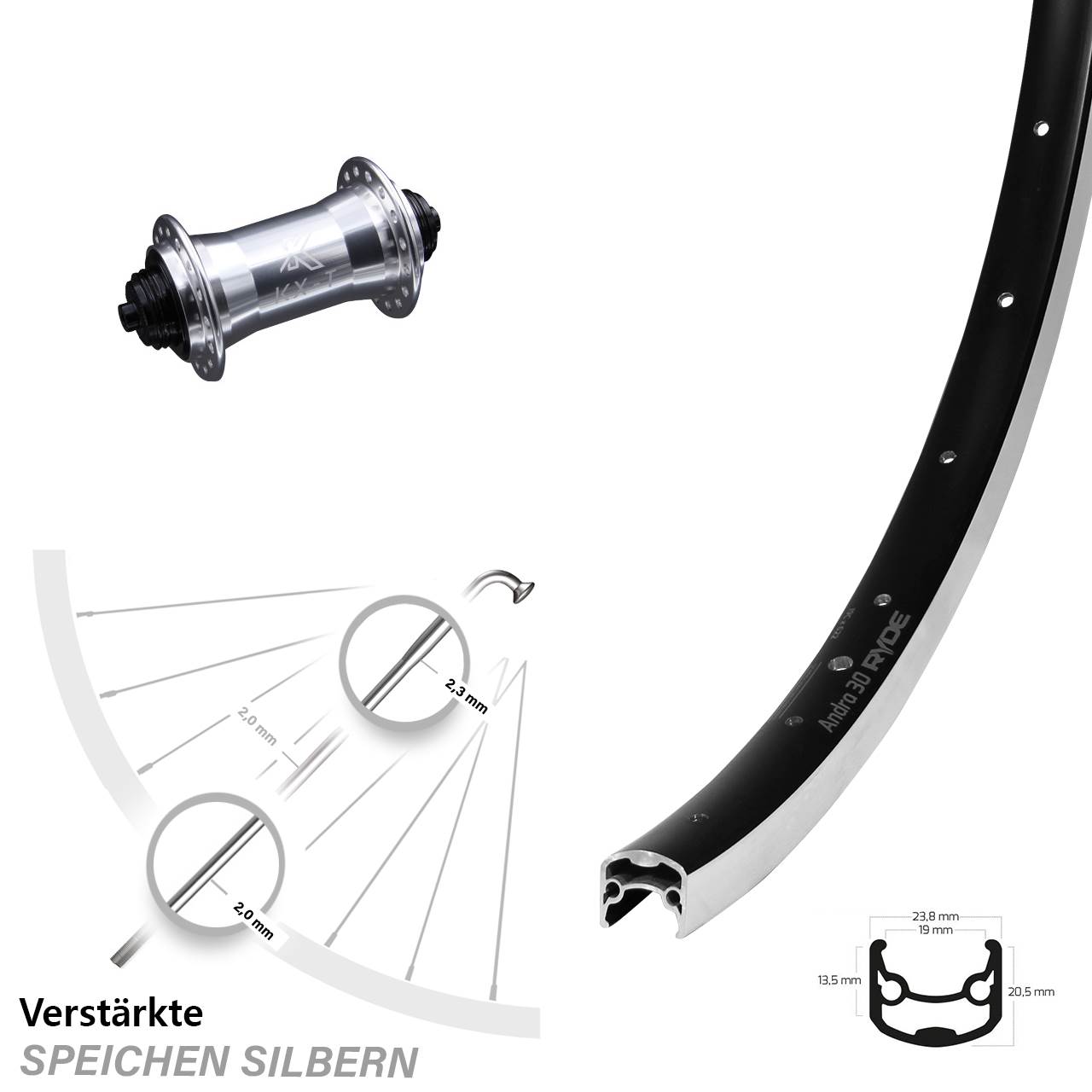 Ryde Andra 30 KX-T verstärkt 26 Zoll Vorderrad QR