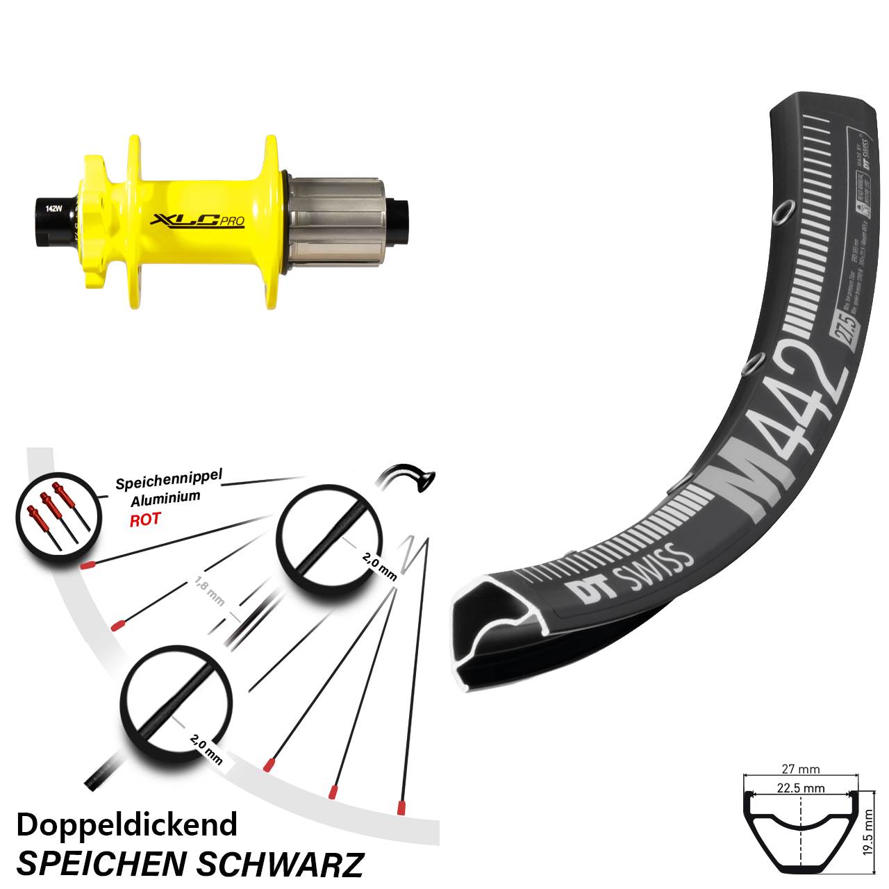 DT Swiss M 442 Hinterrad 29 Zoll XLC Pro gelb 12x142 mm 11-fach