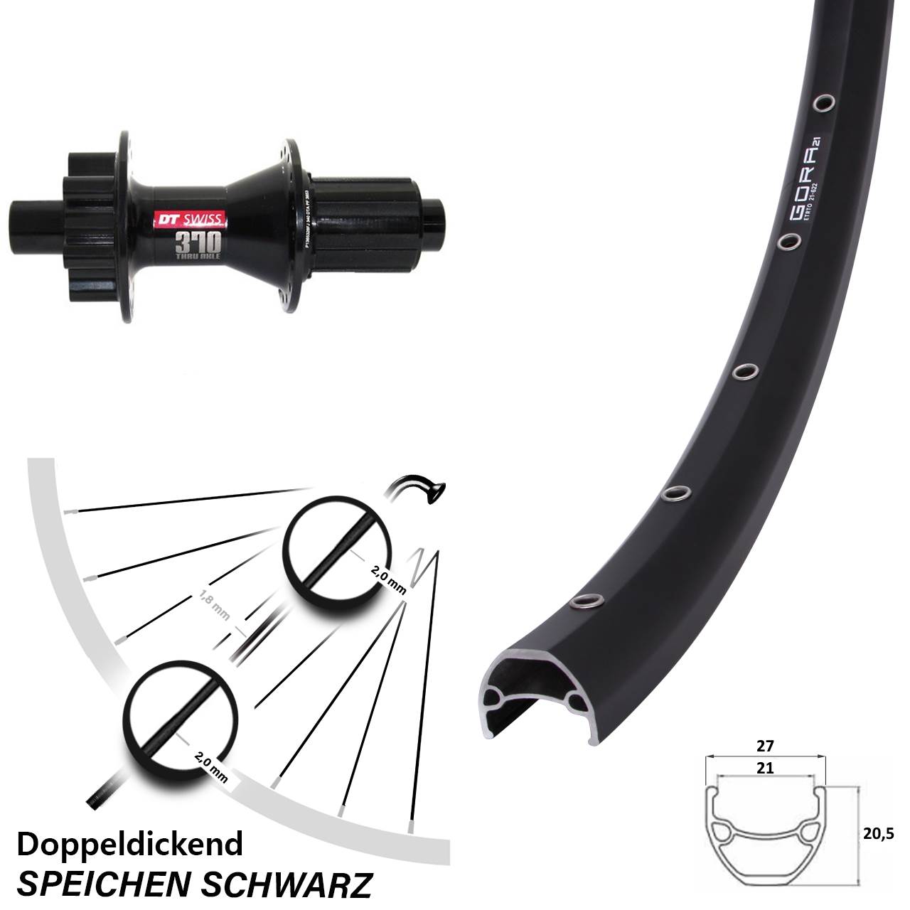 29 Zoll Gora 21 DT Swiss 370 Hybrid Hinterrad 6-Loch 12x142 8-11 fach