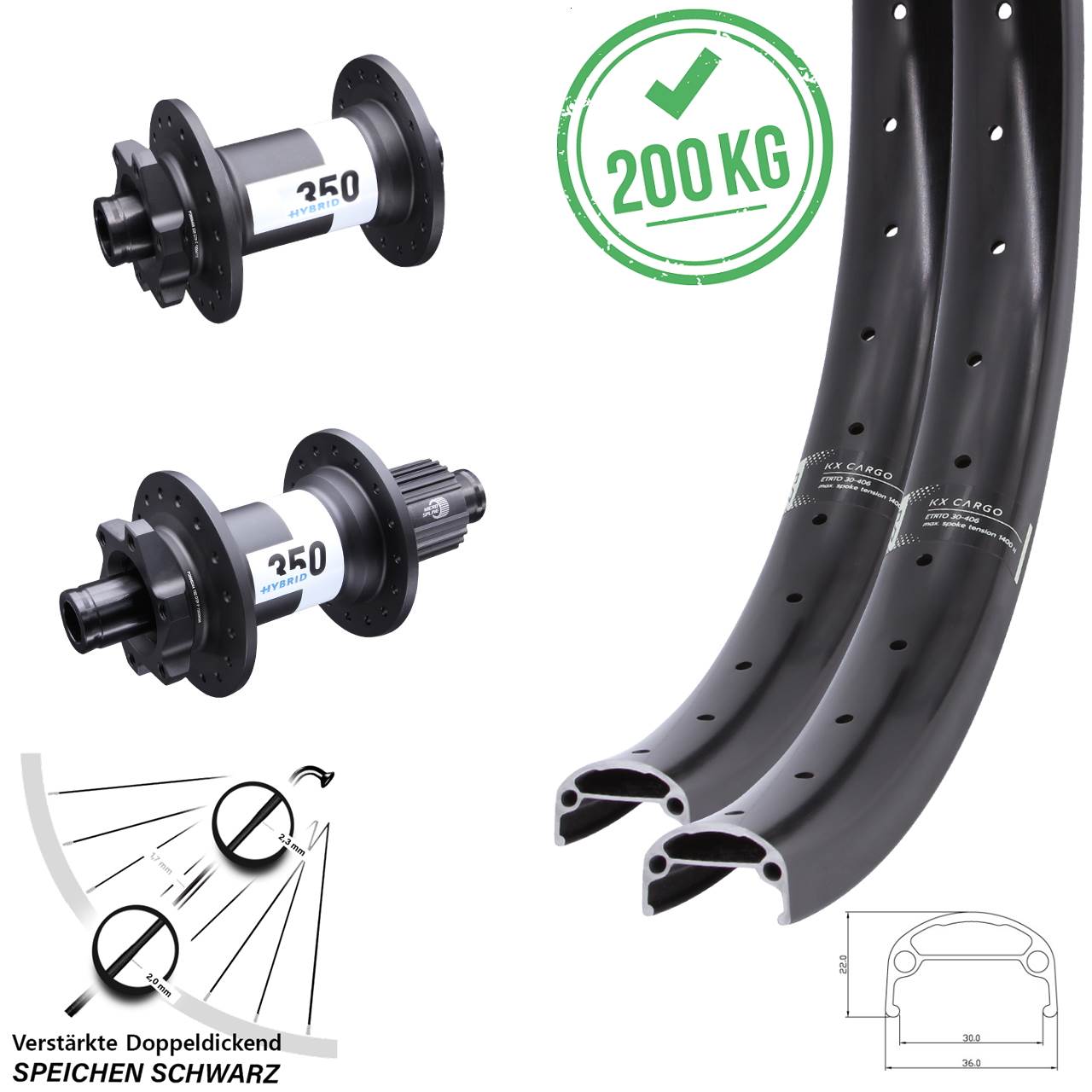 KX Cargo DT Swiss 350 Hybrid 20/26 Zoll 6-Loch Laufradsatz 15x110 12x148 Micro Spline