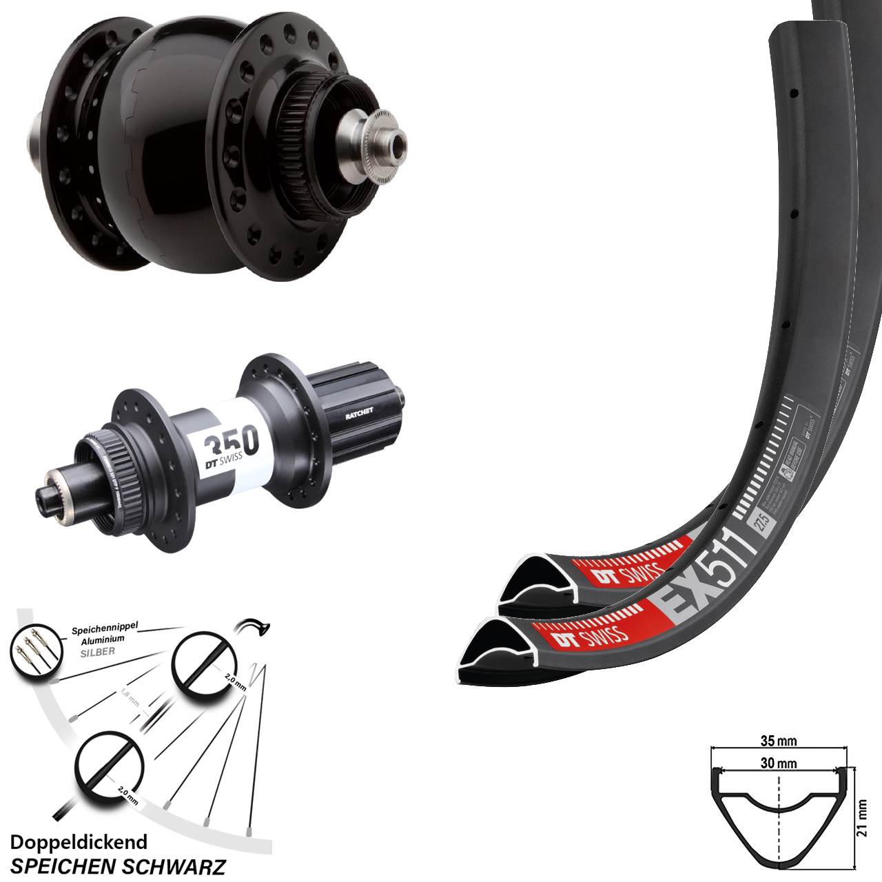 29 Zoll DT Swiss EX511-350 Ratchet 36 SON 28 Laufradsatz QR 8-11 fach