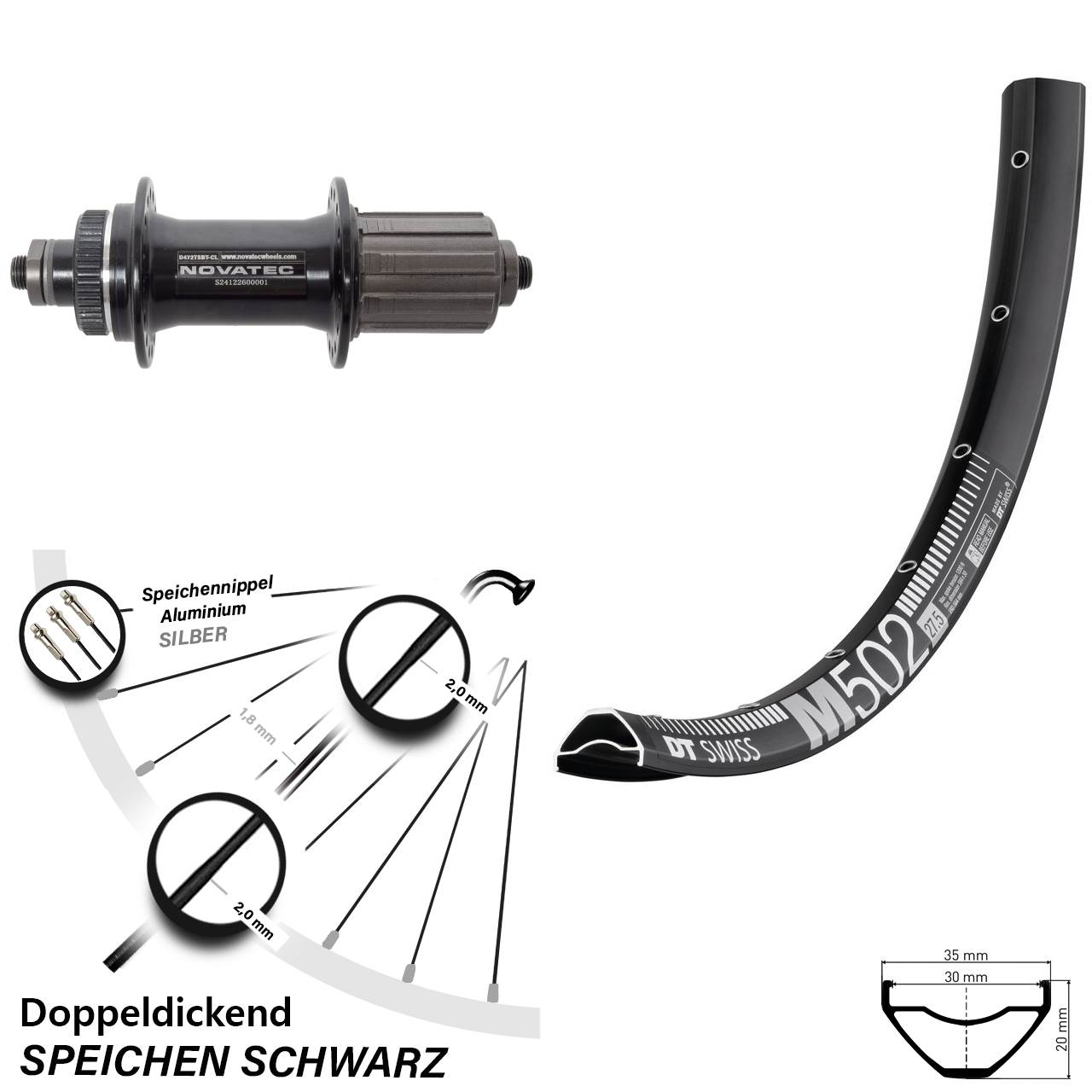 Hinterrad Centerlock für Schnellspanner 29 Zoll DT Swiss M502 Novatec D472 8-12 fach HG